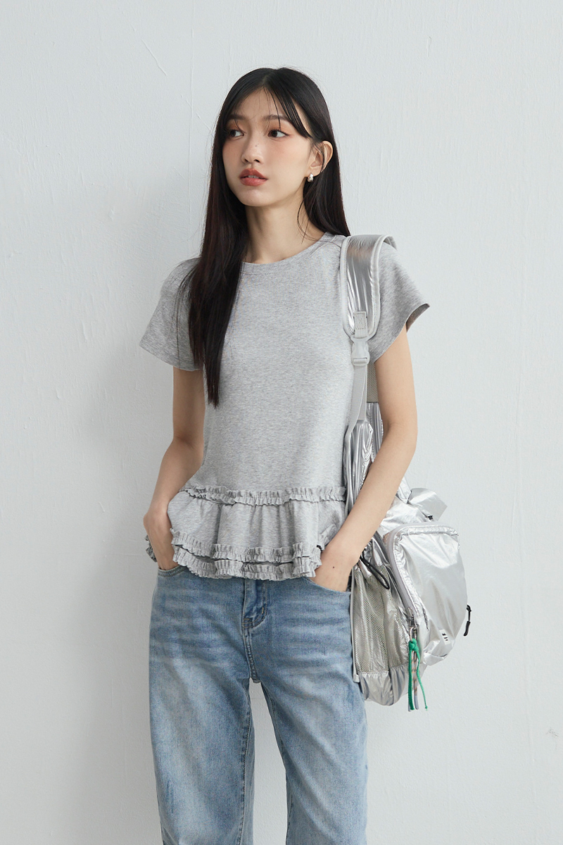 荷葉裙襬素色短袖上衣