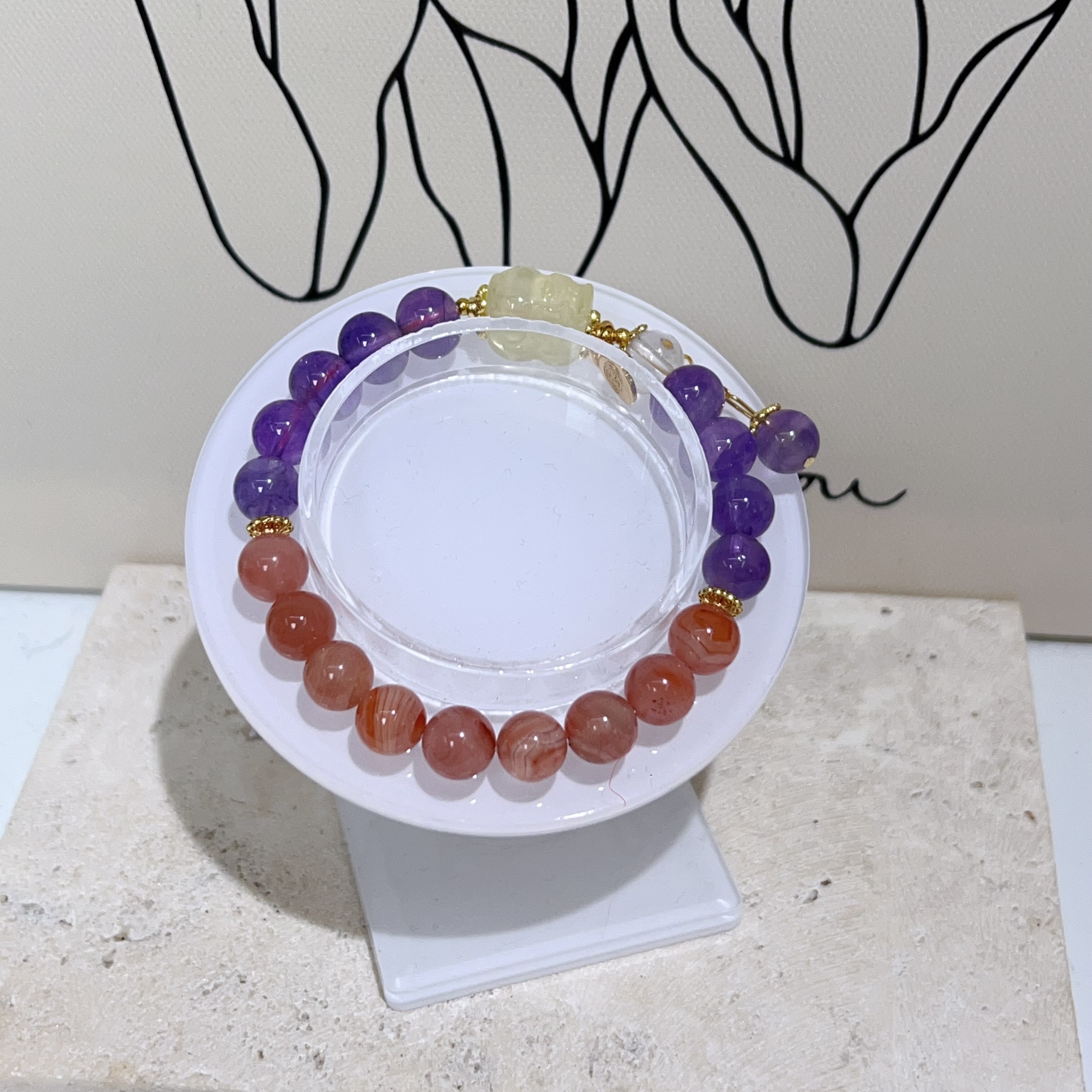 紫水晶拼南紅瑪瑙黃水晶貔貅DIY手串