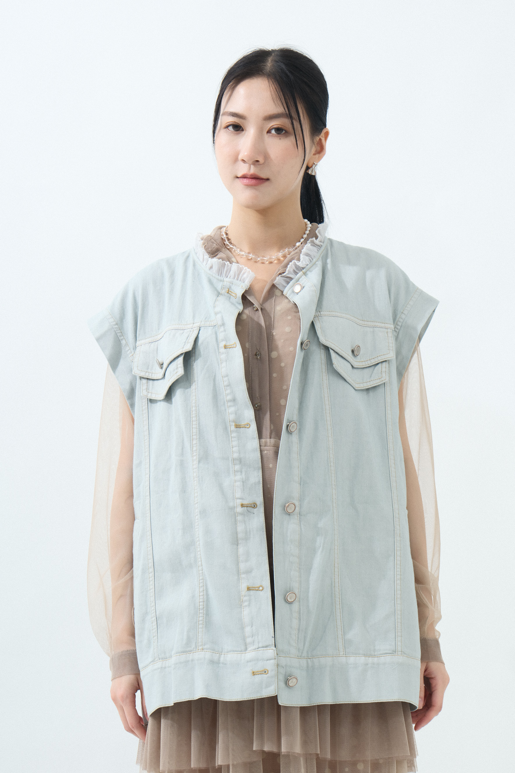 荷葉網紗領oversize牛仔背心  (*現貨款式）