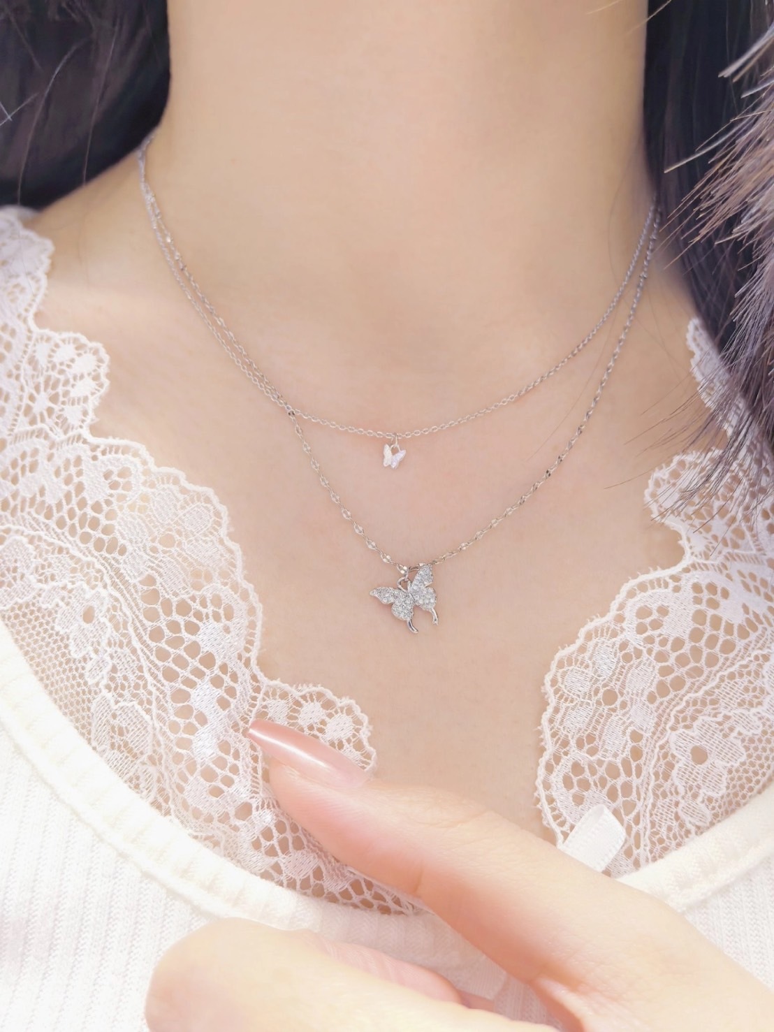 爆閃輕奢雙層蝴蝶 S925銀 項鍊 LXS-QD103
