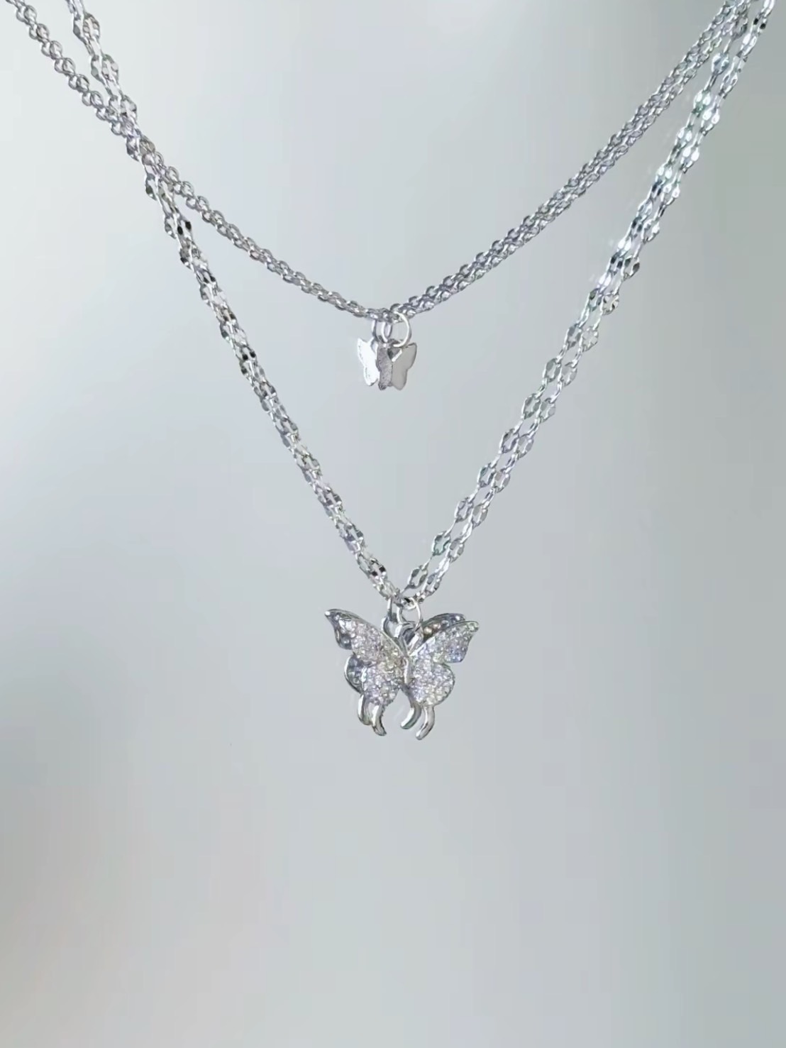 爆閃輕奢雙層蝴蝶 S925銀 項鍊 LXS-QD103