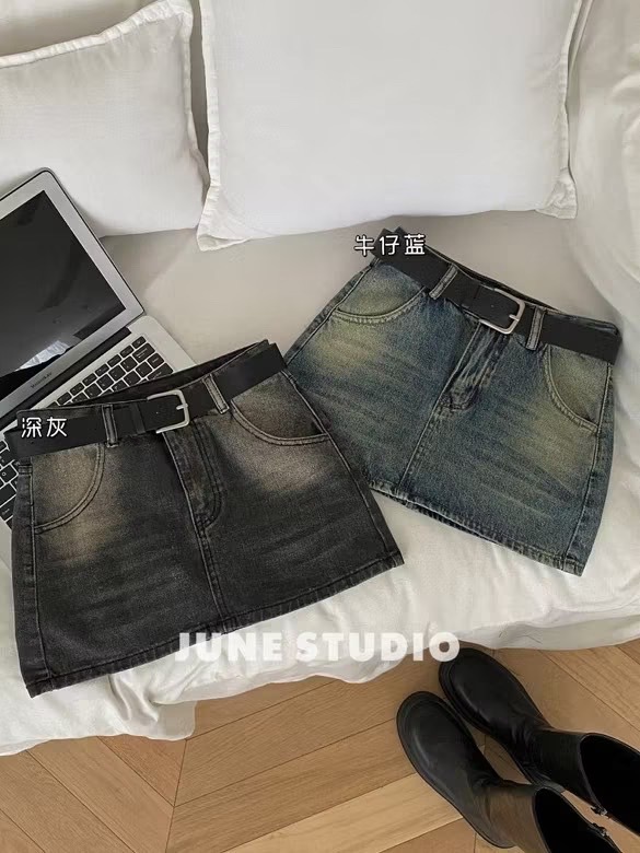 (GOAL) JUNE 906026 復古水洗牛仔短裙 （附皮帶  內有安全褲設計