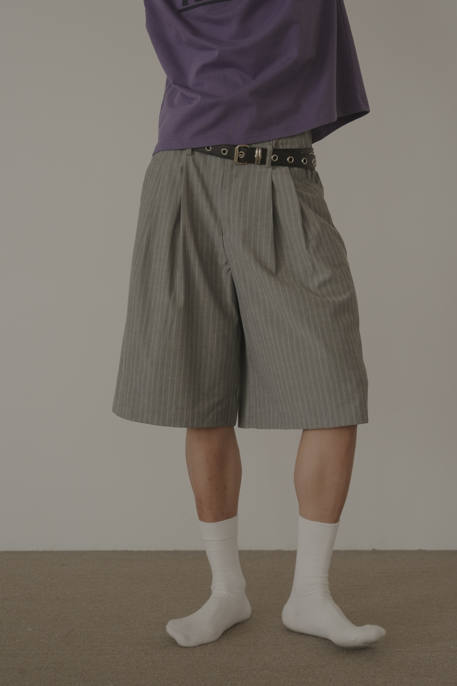 【Unisex】Stripe Bermuda Belt Pants #七分褲