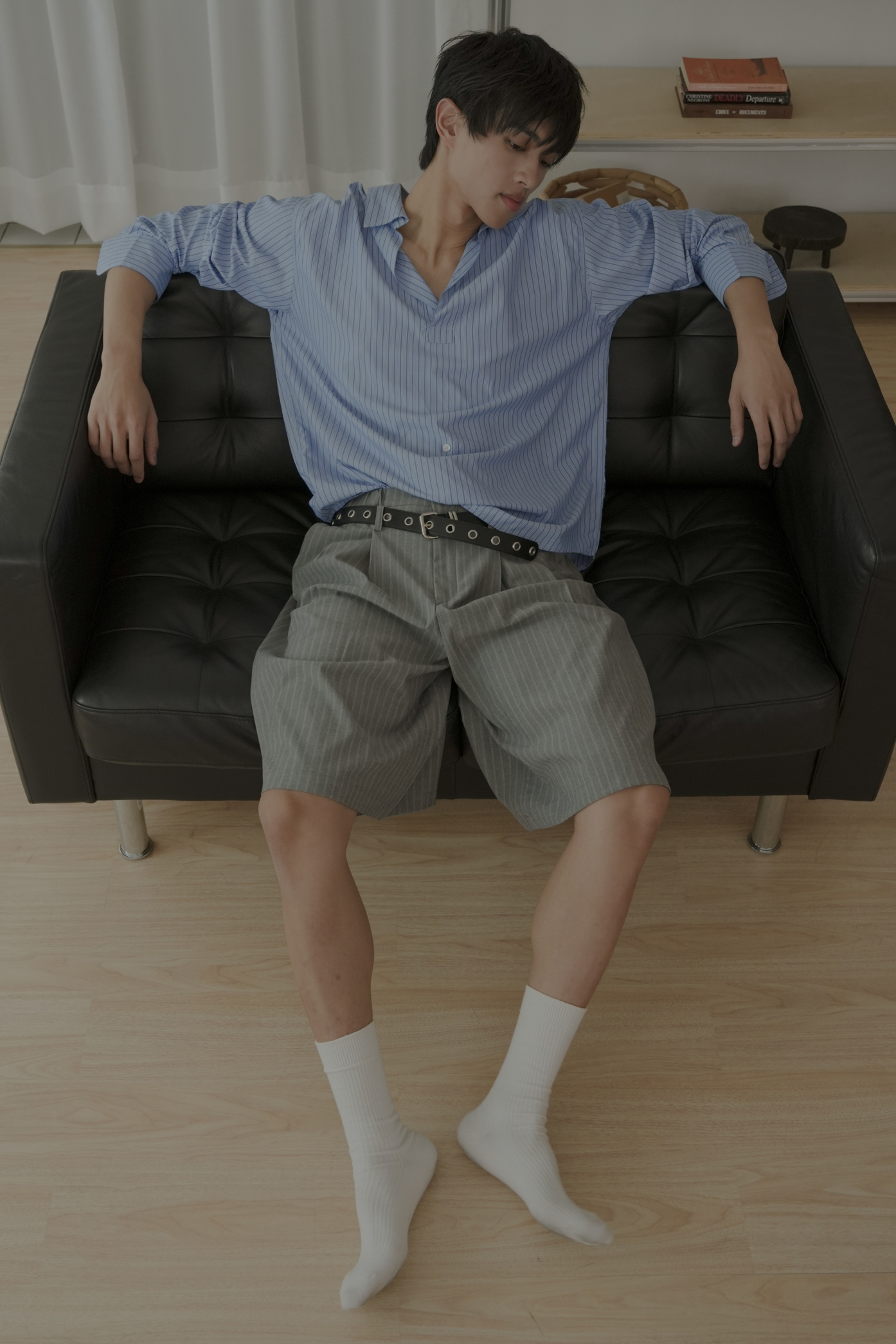 【Unisex】Stripe Bermuda Belt Pants #七分褲