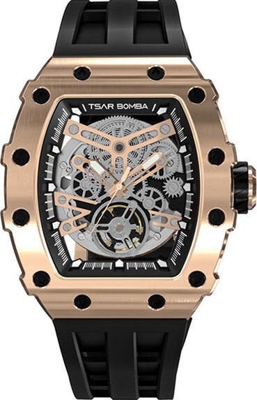 萬年鐘錶 - TSAR BOMBA 機械公爵 玫瑰金框矽膠錶帶機械透視機芯男錶  TB8208A-16 錶徑 43.5MM