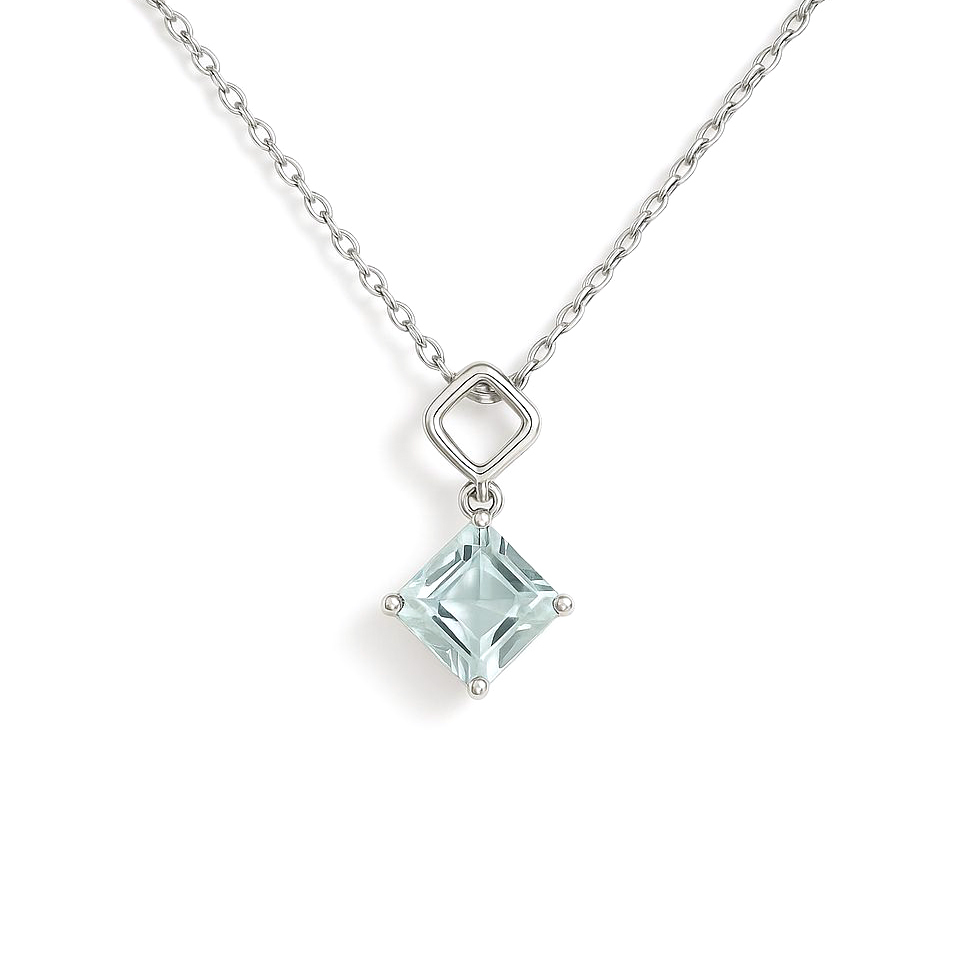 18K白金方形海藍寶吊墜