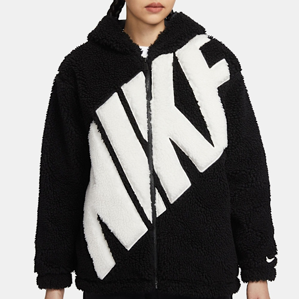 NIKE 外套 AS W NSW LOGO 黑 大LOGO 寬版 羊羔毛 毛毛外套 女 FB8696-010