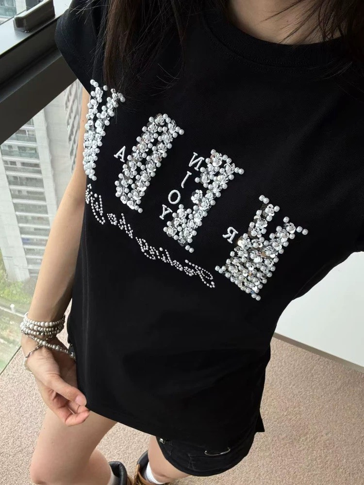 MEDM 小香風 立體亮片珍珠 前後Logo 情侶衣 短袖 T