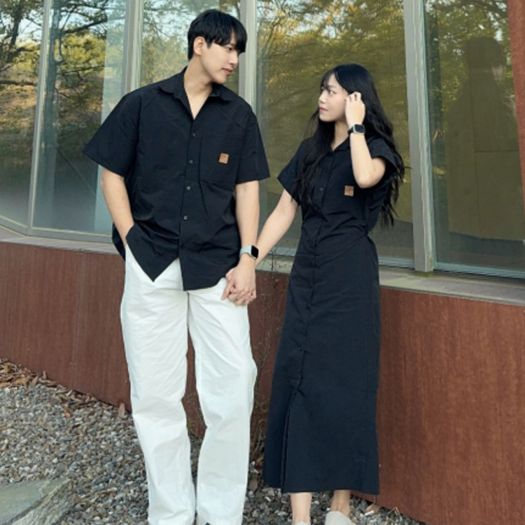 拼接風格短袖情侶裝（男款襯衫 / 女款長洋）