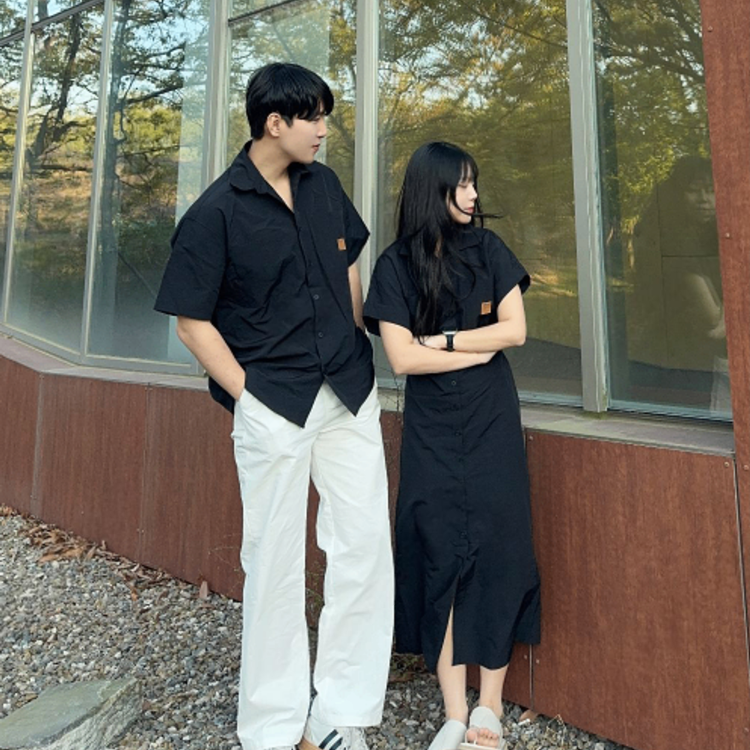拼接風格短袖情侶裝（男款襯衫 / 女款長洋）