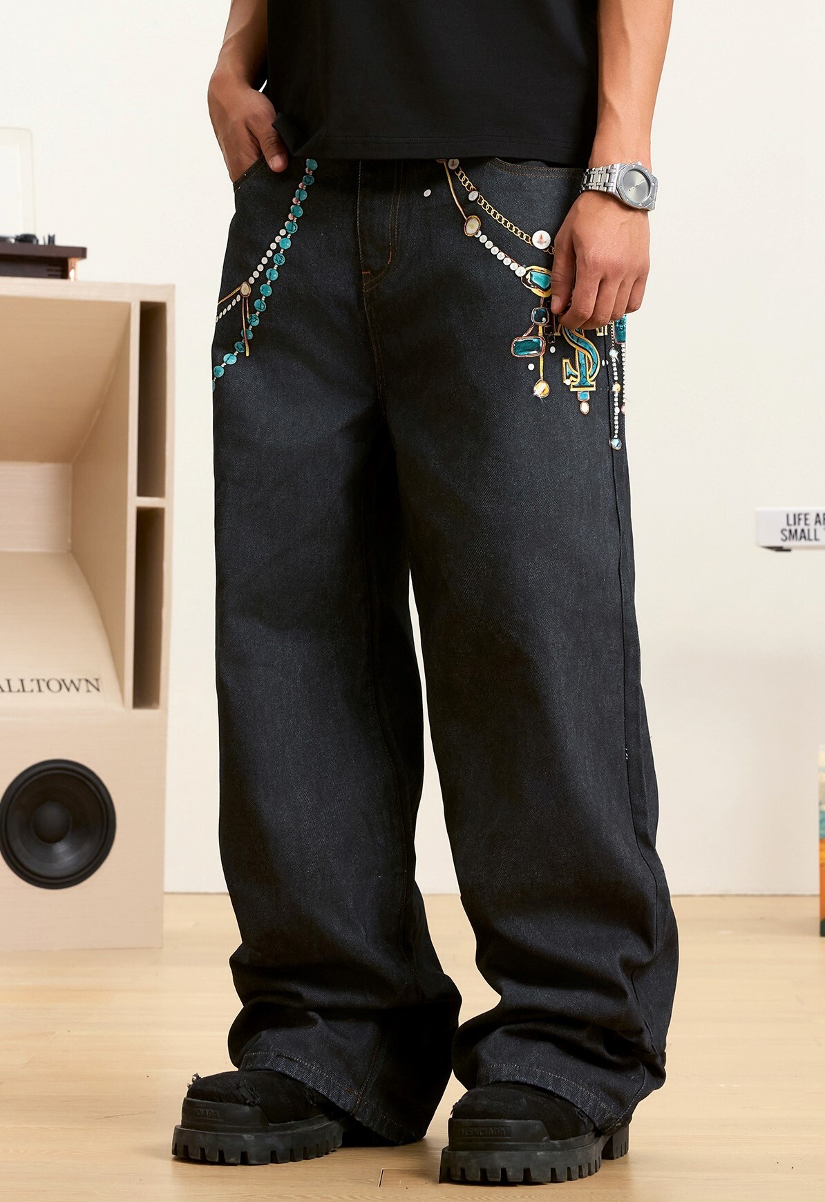 STK SmallTownKid 綠松石 珍珠 3D數碼壓印 牛仔褲