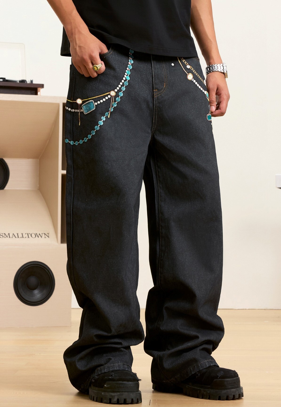 STK SmallTownKid 綠松石 珍珠 3D數碼壓印 牛仔褲