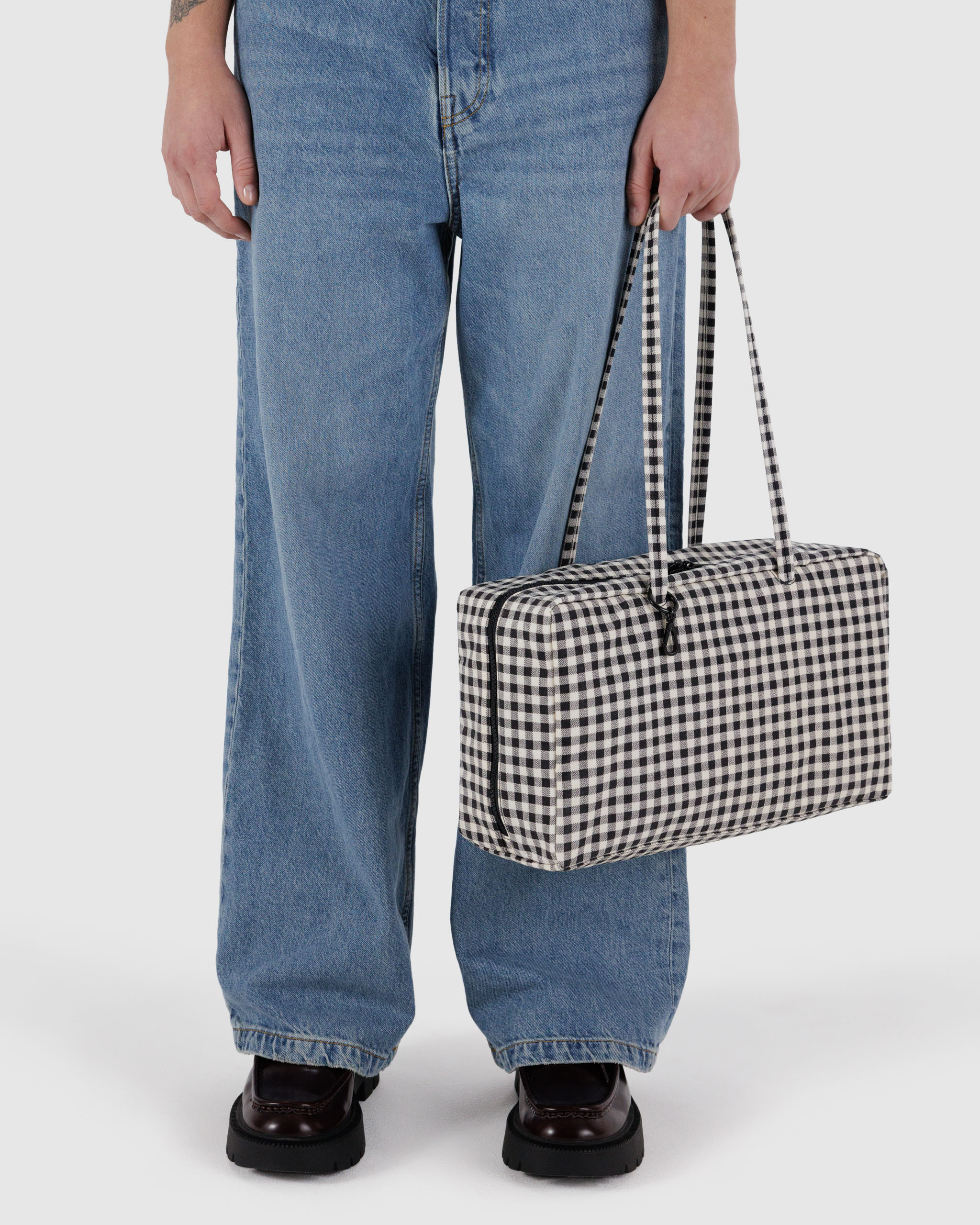 Medium Nylon Bowler Bag - Black & White Gingham | BAGGU