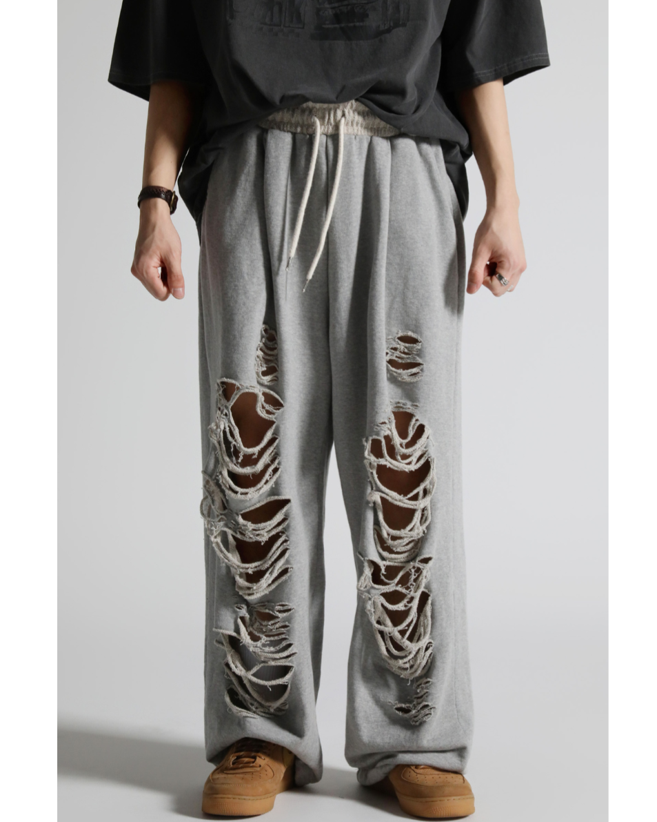 破損寬鬆水洗棉褲