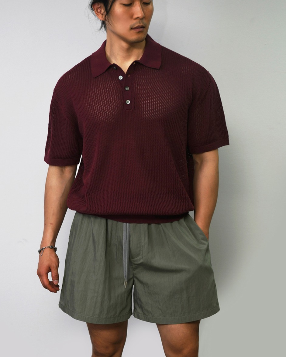 亞麻鏤空領短袖針織衫