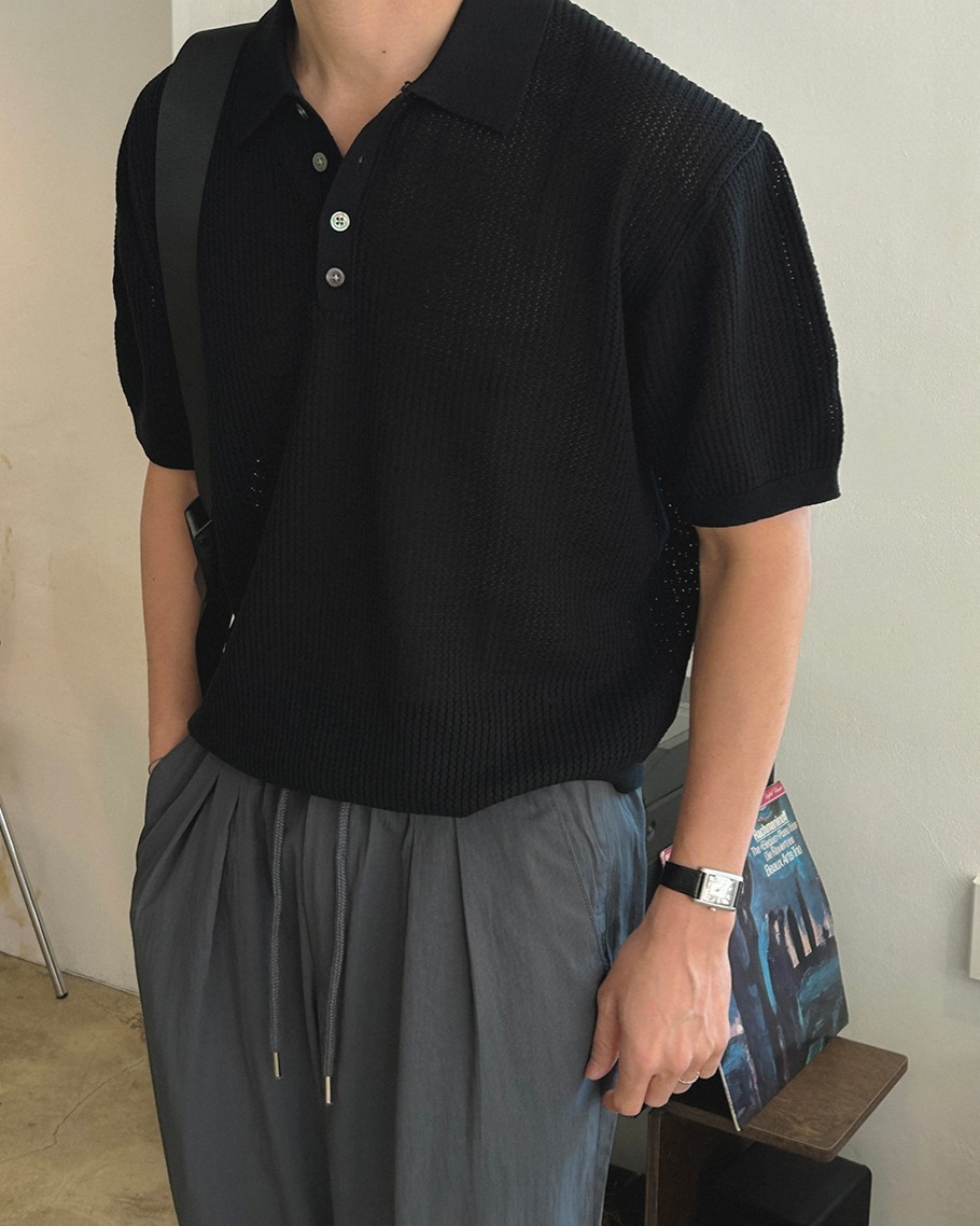 亞麻鏤空領短袖針織衫