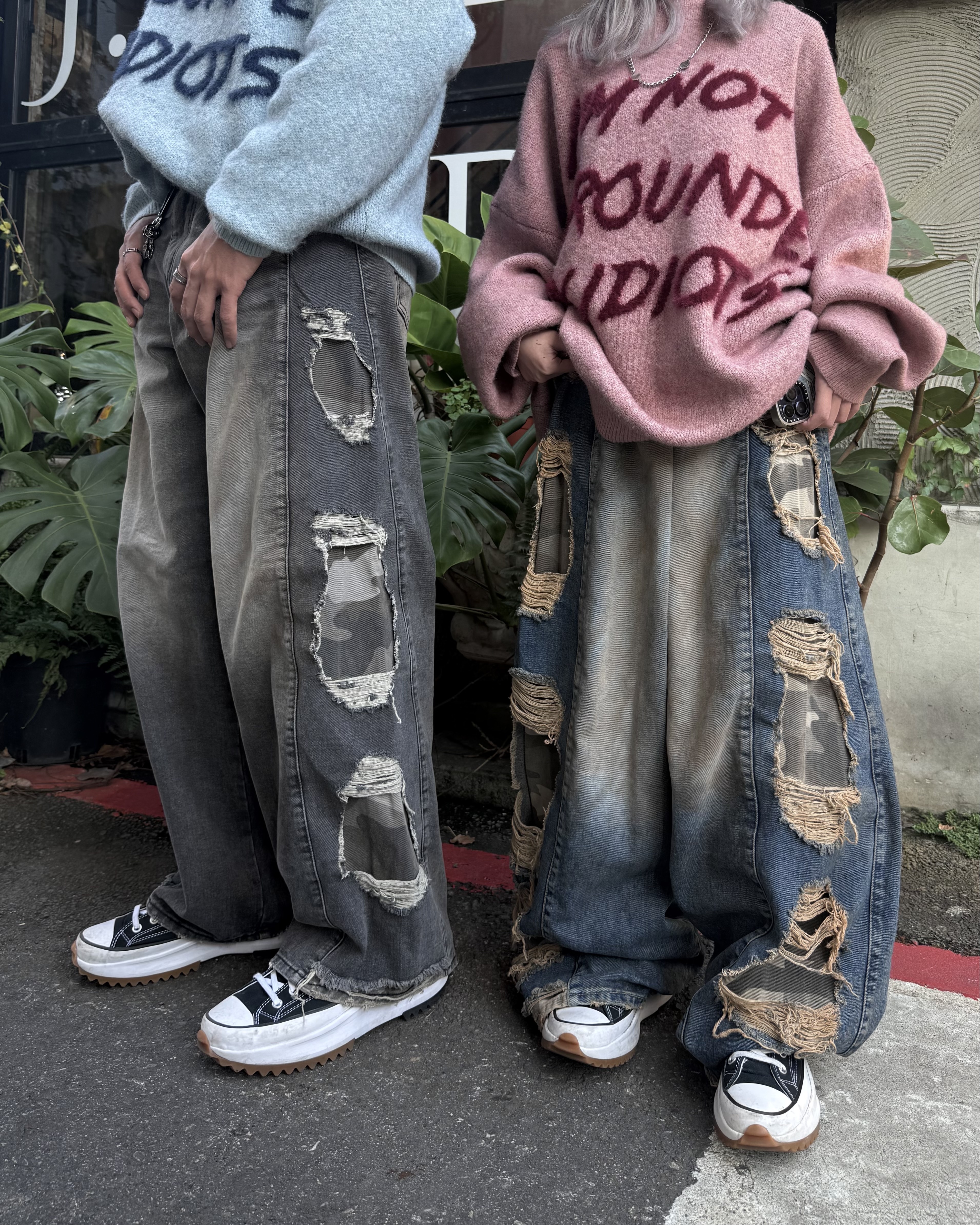 𝐇·𝐓·𝐒 韓國 迷彩拼接設計 抽鬚 破壞 水洗 仿舊 寬鬆 牛仔長褲