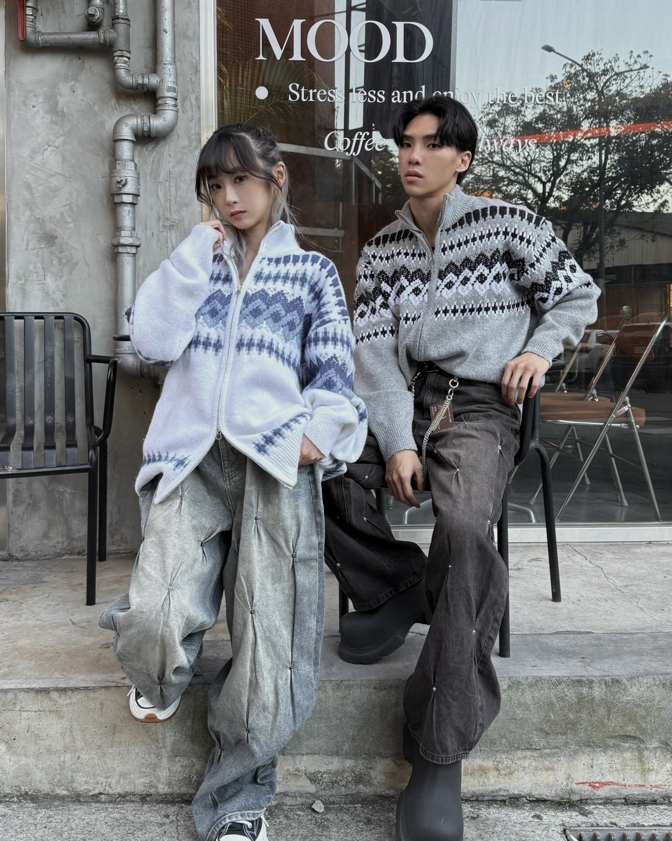 𝐇·𝐓·𝐒 韓國 圖騰設計 菱格紋 針織 撞色 立領 長袖 毛衣 外套