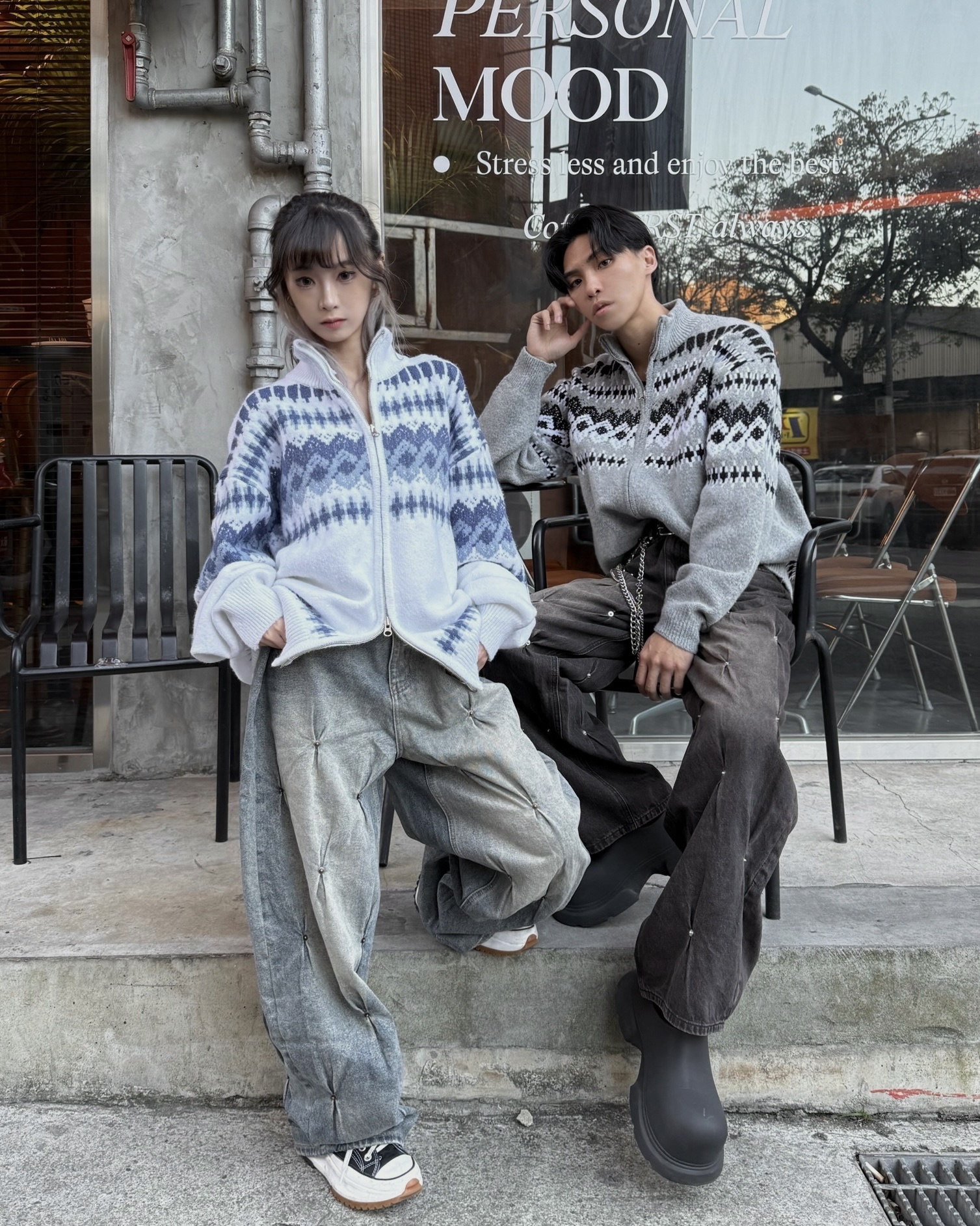 𝐇·𝐓·𝐒 韓國 圖騰設計 菱格紋 針織 撞色 立領 長袖 毛衣 外套