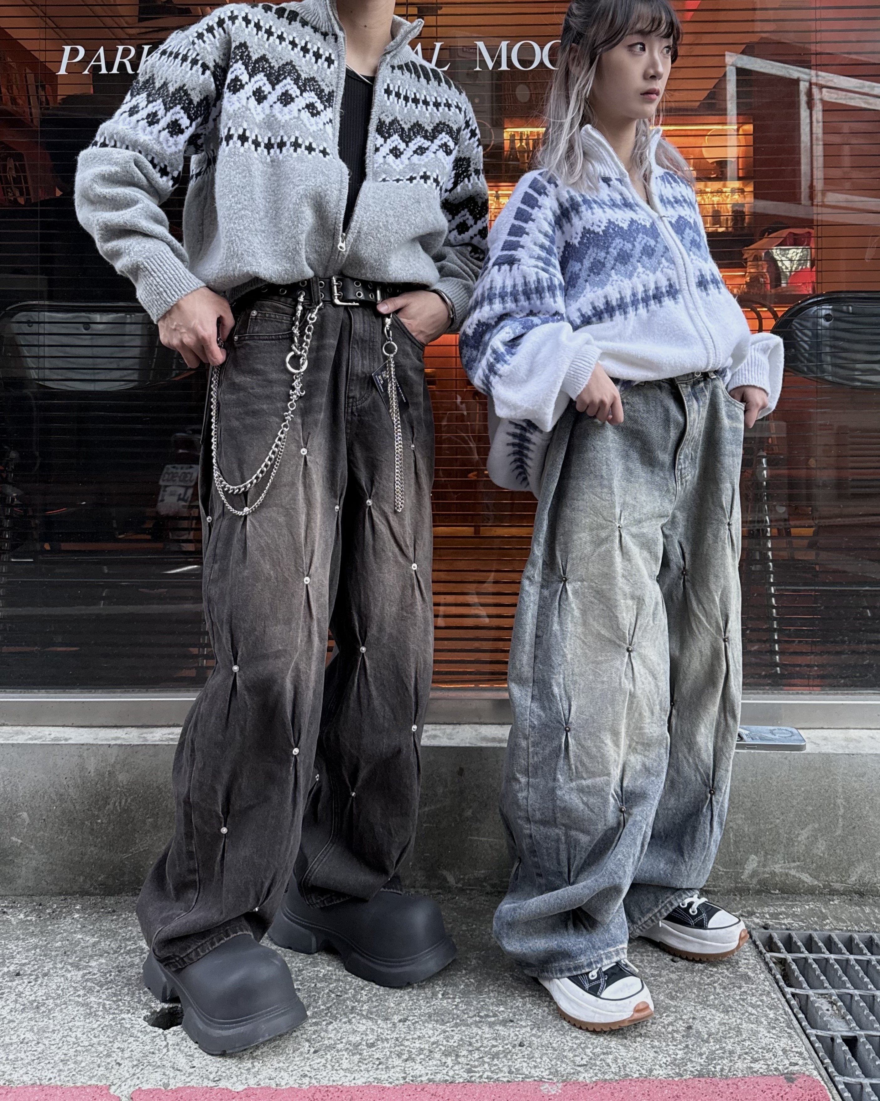 𝐇·𝐓·𝐒 韓國 卯釘設計 釘扣 皺摺感 水洗 刷色 牛仔 長褲