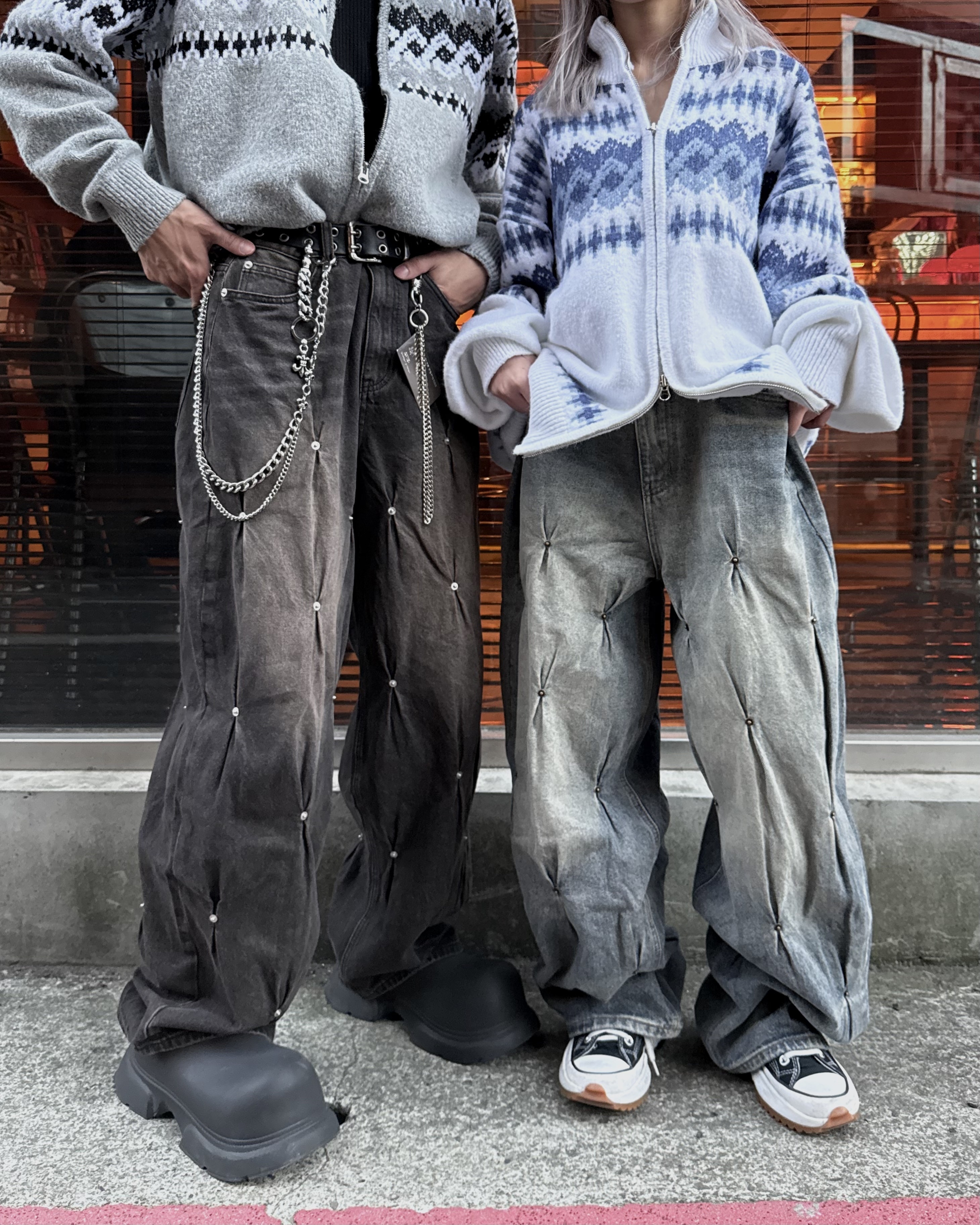 𝐇·𝐓·𝐒 韓國 卯釘設計 釘扣 皺摺感 水洗 刷色 牛仔 長褲