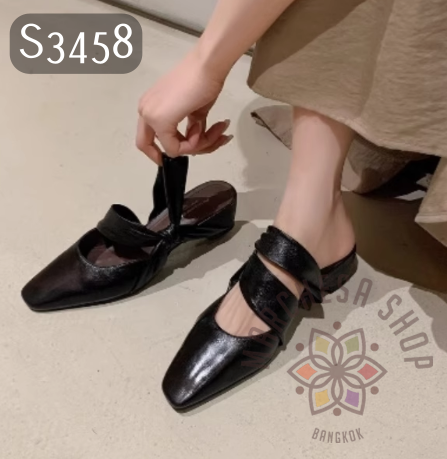 S3458 - 軟牛皮交叉搭帶兩穿方頭高踭涼鞋