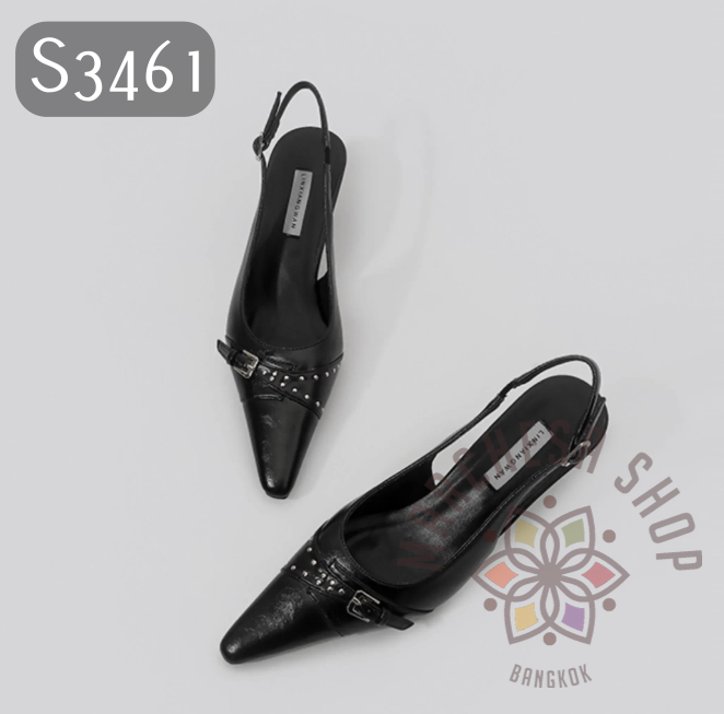 S3461 - 牛皮窩釘扣後帶低踭涼拖