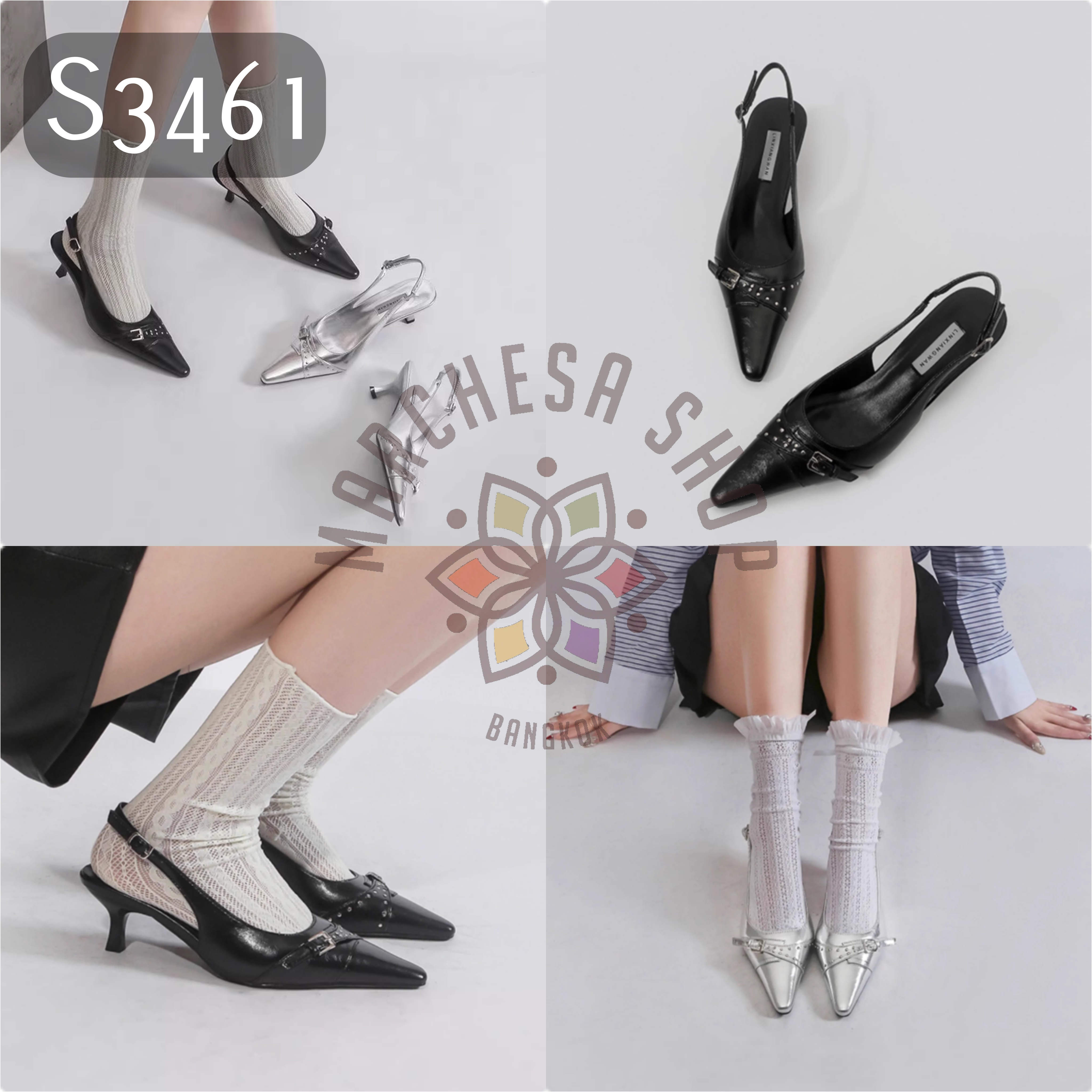 S3461 - 牛皮窩釘扣後帶低踭涼拖