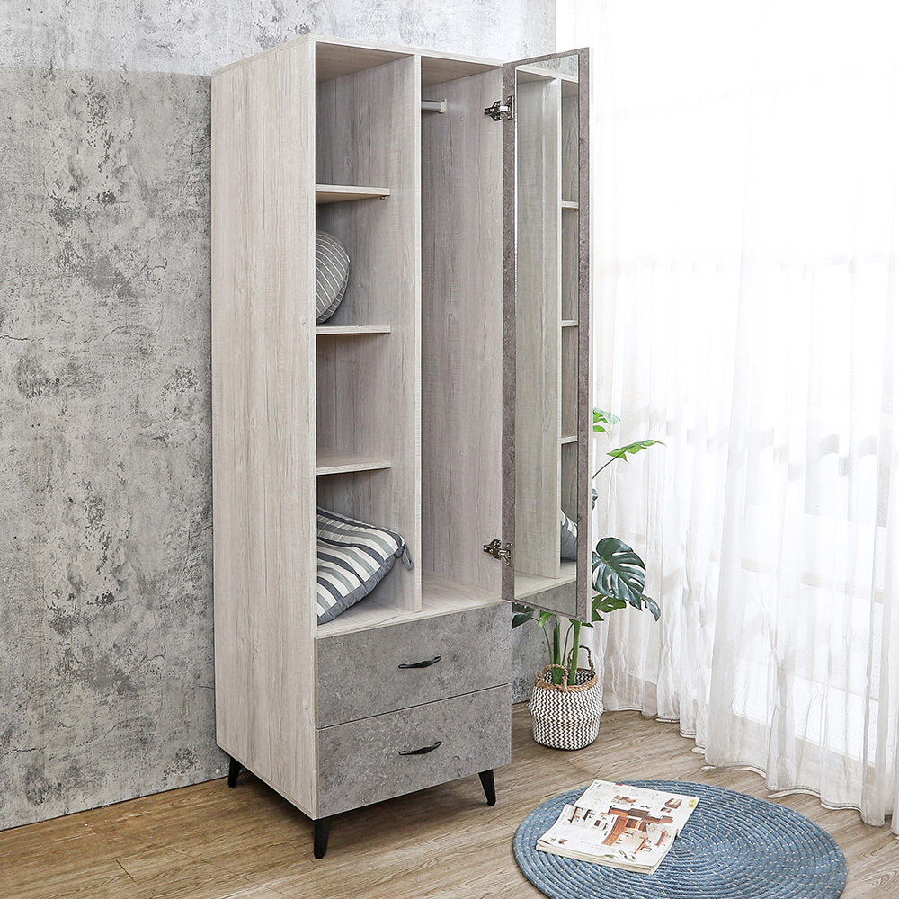 哈爾2尺單門二抽左開放置物格收納衣櫃(單吊桿-內附穿衣鏡)