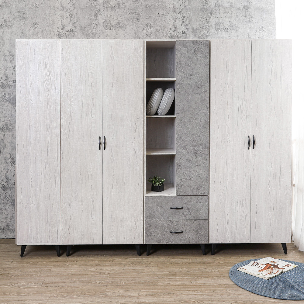 哈爾8.5尺工業風多功能收納衣櫃組合(四吊桿+二抽+多層收納格-內附穿衣鏡)