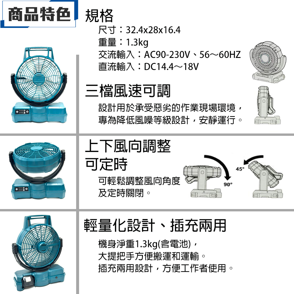 附發票｜MT-DCF102鋰電便攜式風扇｜ 通用牧田18V 鋰電便攜式風扇 充電式調速電風扇 插電充電兩