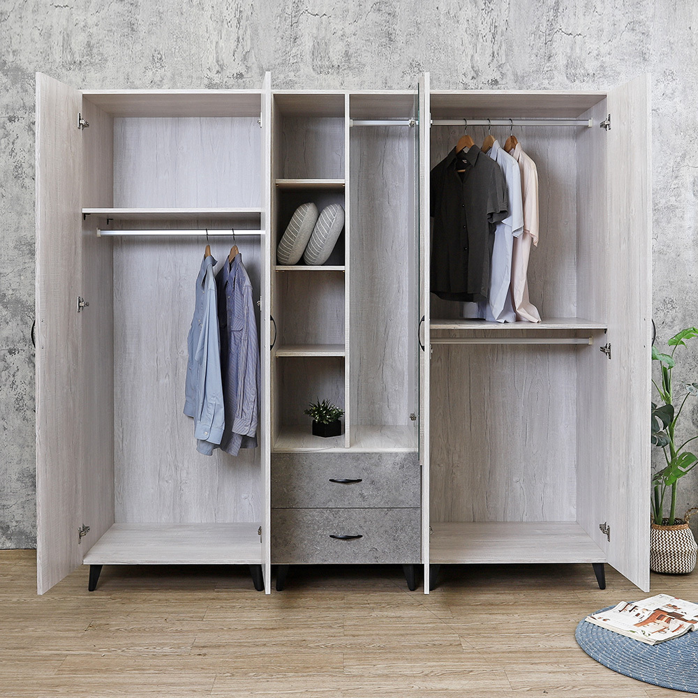 哈爾7.1尺工業風多功能收納衣櫃組合(四吊桿+二抽+多層收納格-內附穿衣鏡)