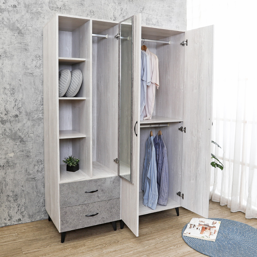 哈爾4.5尺工業風三門二抽開放式多層收納衣櫃組合(內附穿衣鏡-兩款可選)