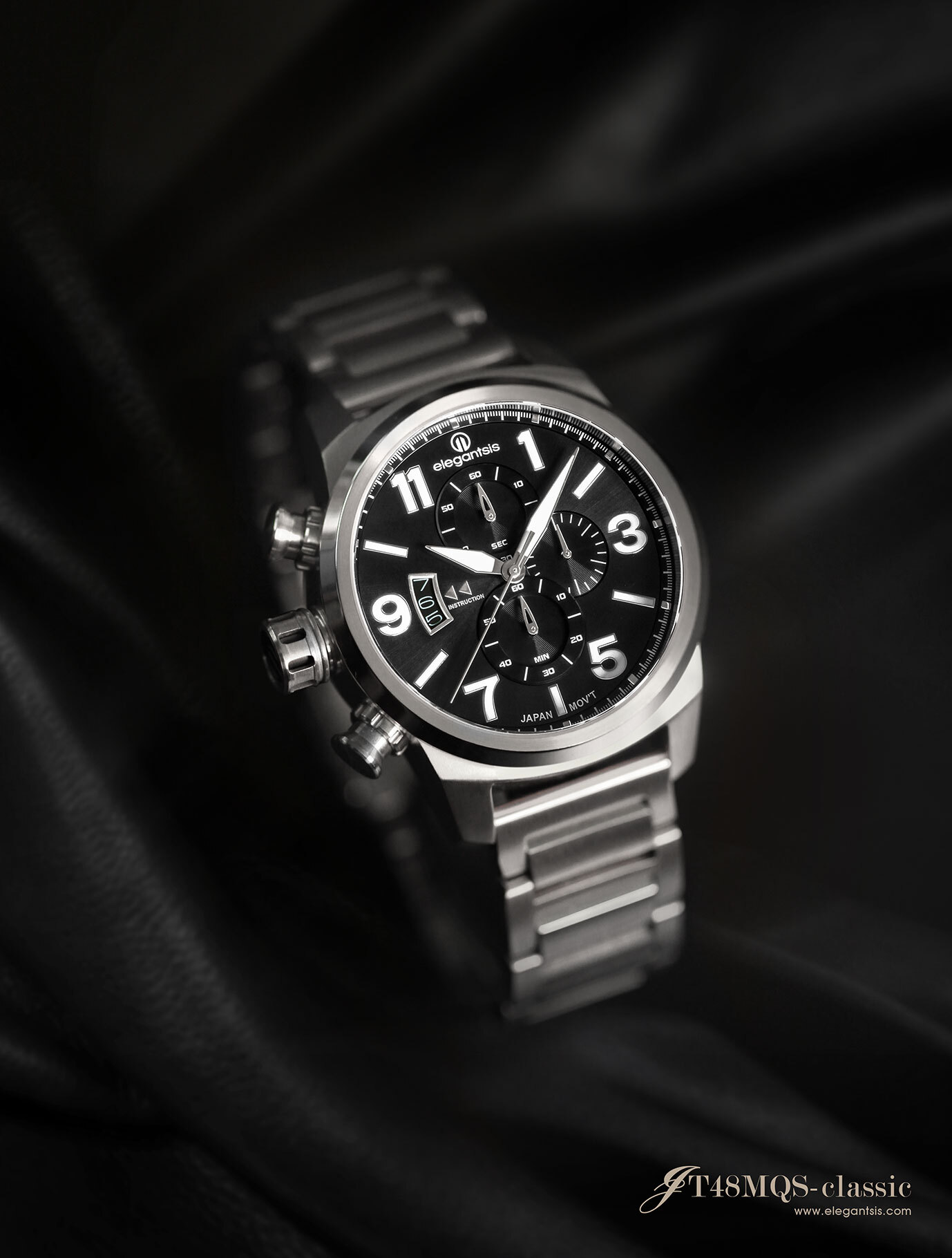 萬年鐘錶 - elegantsis 愛樂時  JT48MQS-經典  黑面大錶徑三眼計時男錶  ELJT48MQS-OB06MA  錶徑45.5MM