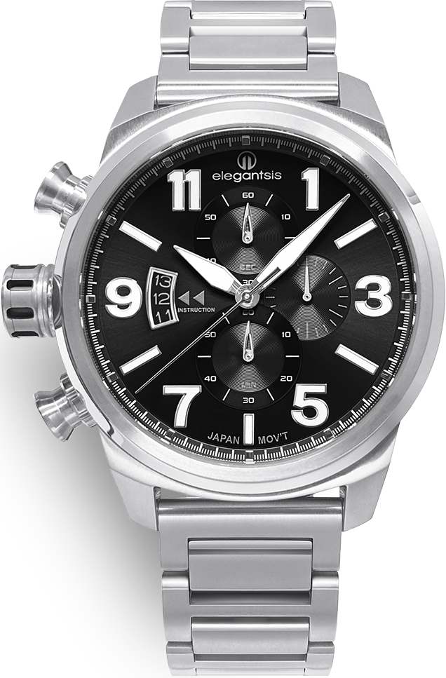 萬年鐘錶 - elegantsis 愛樂時  JT48MQS-經典  黑面大錶徑三眼計時男錶  ELJT48MQS-OB06MA  錶徑45.5MM
