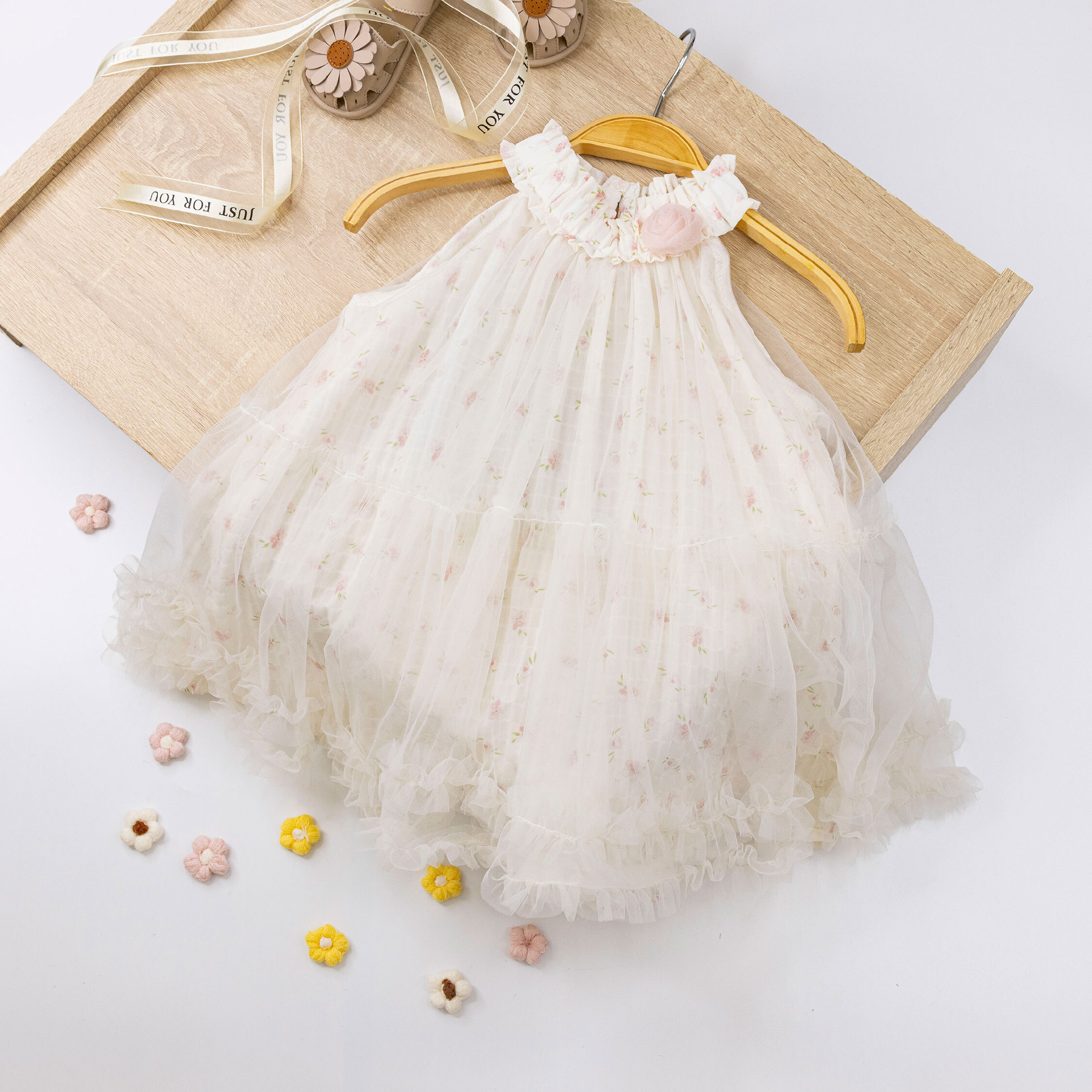 【H50277】立體玫瑰滿版花朵削肩洋裝