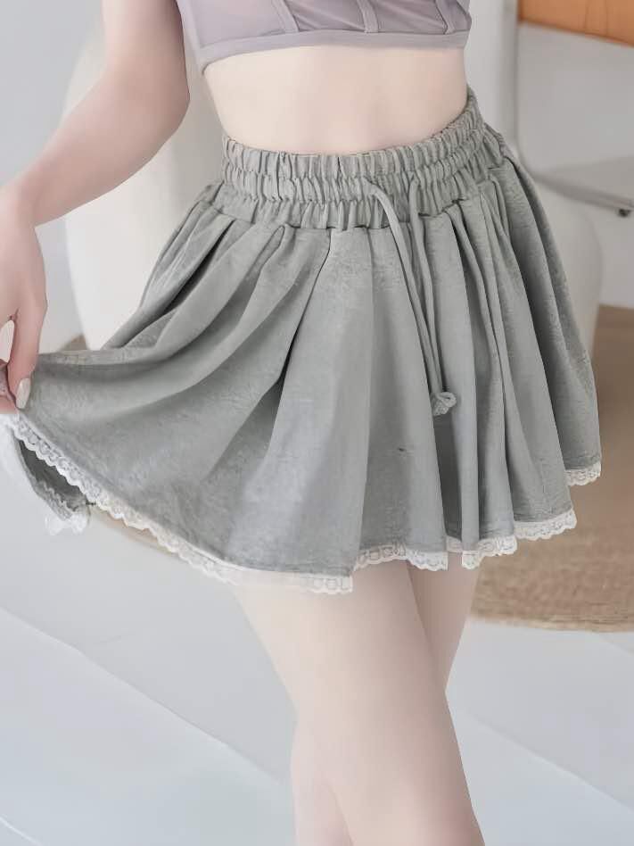 🤍休閒風蕾絲邊抽繩棉質傘裙（灰色均碼）
