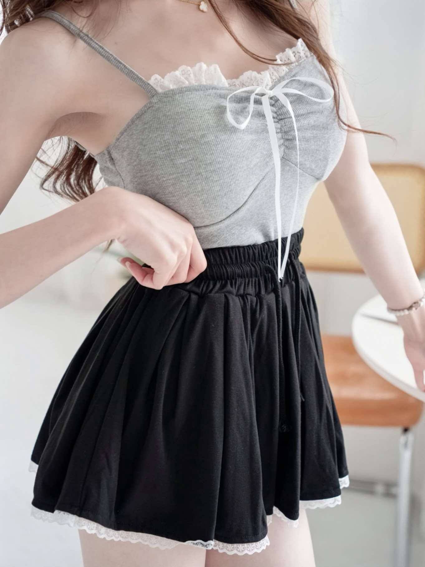 🤍休閒風蕾絲邊抽繩棉質傘裙（黑色均碼）