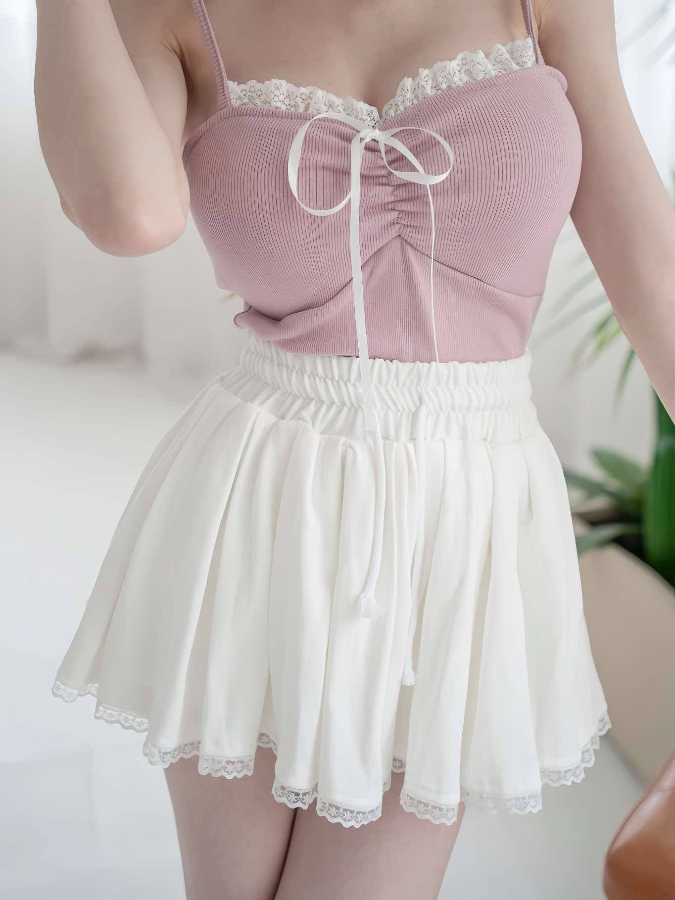 🤍休閒風蕾絲邊抽繩棉質傘裙（白色均碼）