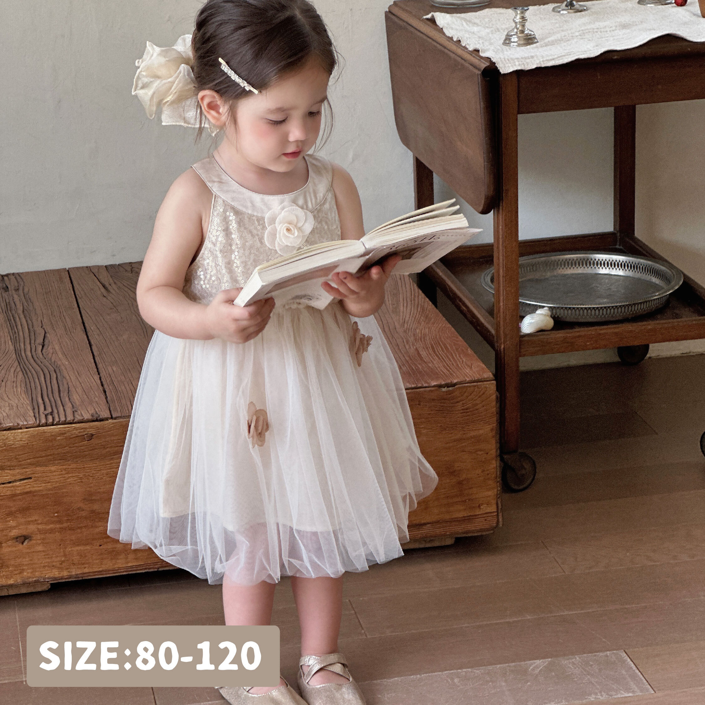 【H50274】閃閃蝴蝶結花朵削肩洋裝