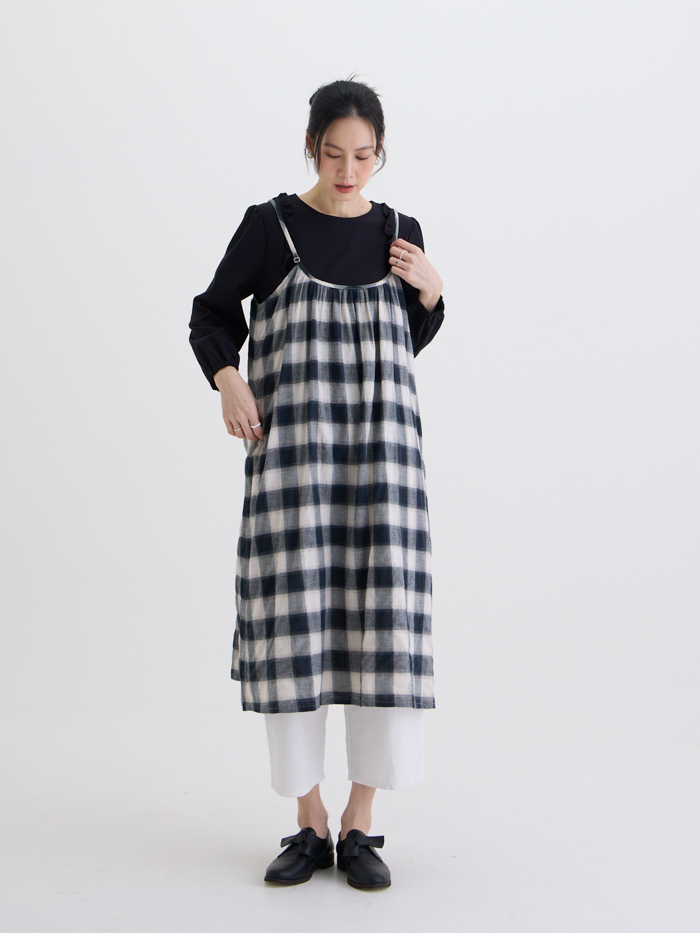 疊影格紋吊帶連身洋裝-石黑格