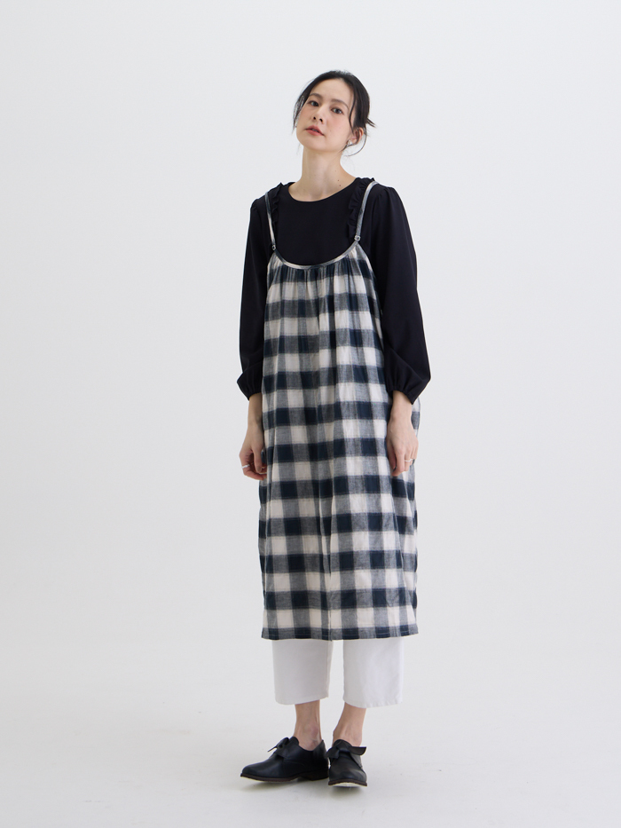 疊影格紋吊帶連身洋裝-石黑格