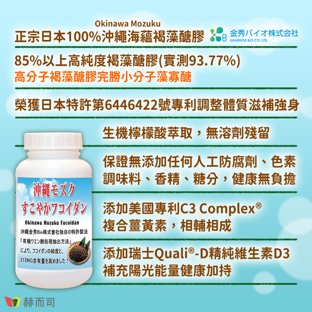 褐藻醣膠推薦 【赫而司】日本沖繩海蘊超級褐藻醣膠Plus 正宗日本100%沖繩海蘊(Oinawa Mozuku)褐藻醣膠！85%以上高純度褐藻醣膠(實測93.77%)，高分子褐藻醣膠完勝小分子藻寡醣！榮獲日本特許第6446422號專利—調整體質滋補強身功能！有機檸檬酸萃取，無溶劑殘留！保證無添加任何人工防腐劑、色素、調味料、香精、糖份，健康無負擔！添加美國專利C3 Complex®複合薑黃素，相輔相成！添加瑞士Quali®-D精純維生素D3，健康加持！