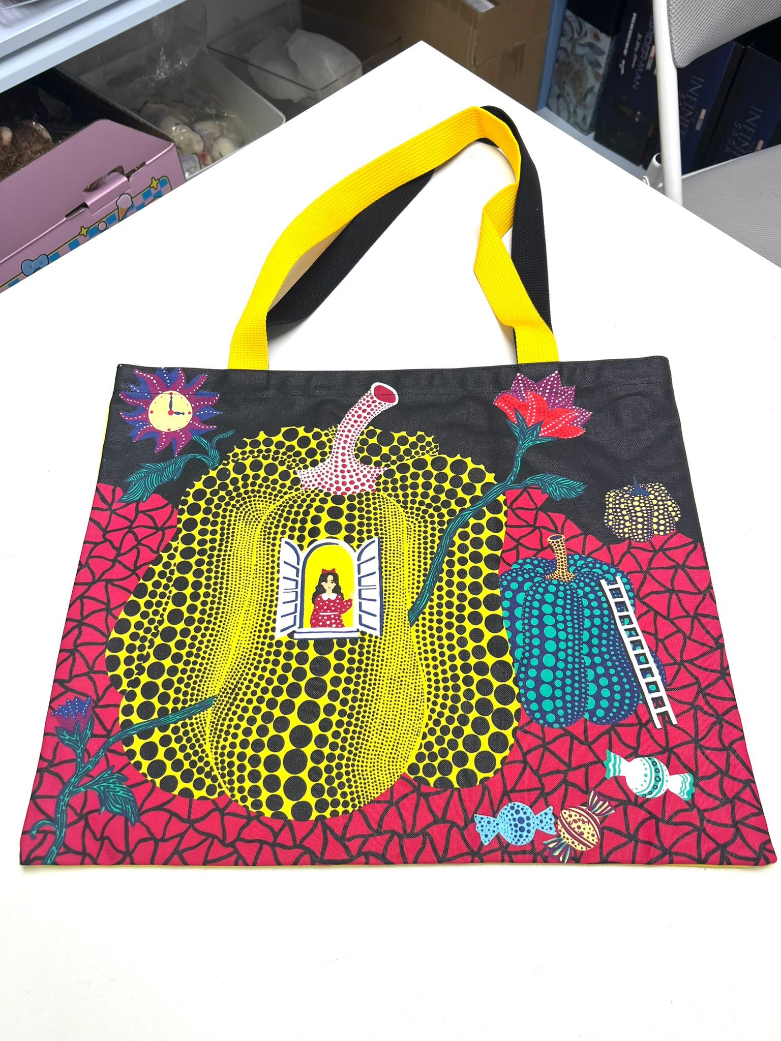 “Hello” Tote Bag from YAYOI KUSAMA PRINT WORKS: REPETITION &&nbsp;PROLIFERATION