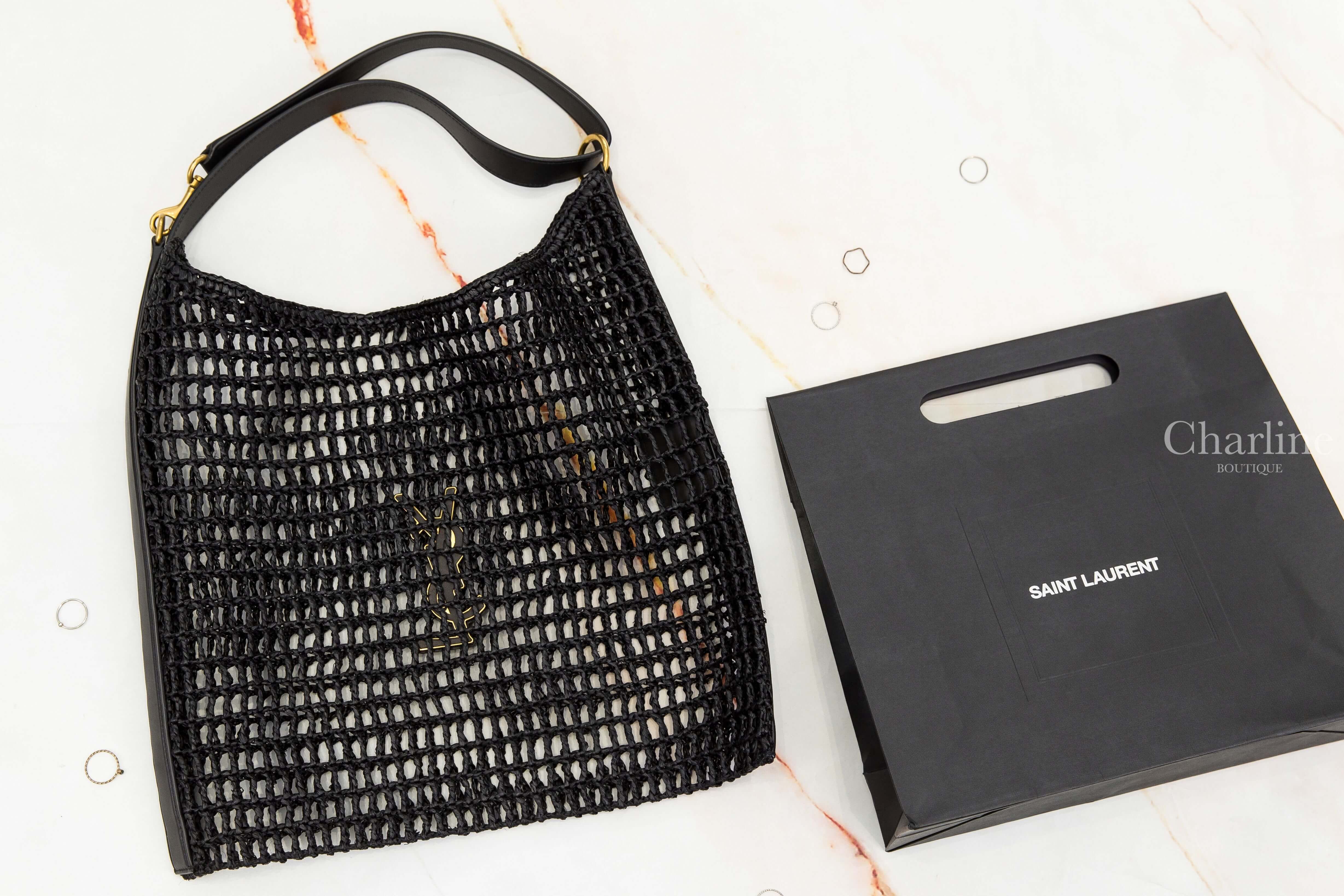 Saint Laurent Oxalis In Raffia 黑色編織金色金屬立體字母皮革背帶草編手提肩背包-Charline Boutique 精品代購
