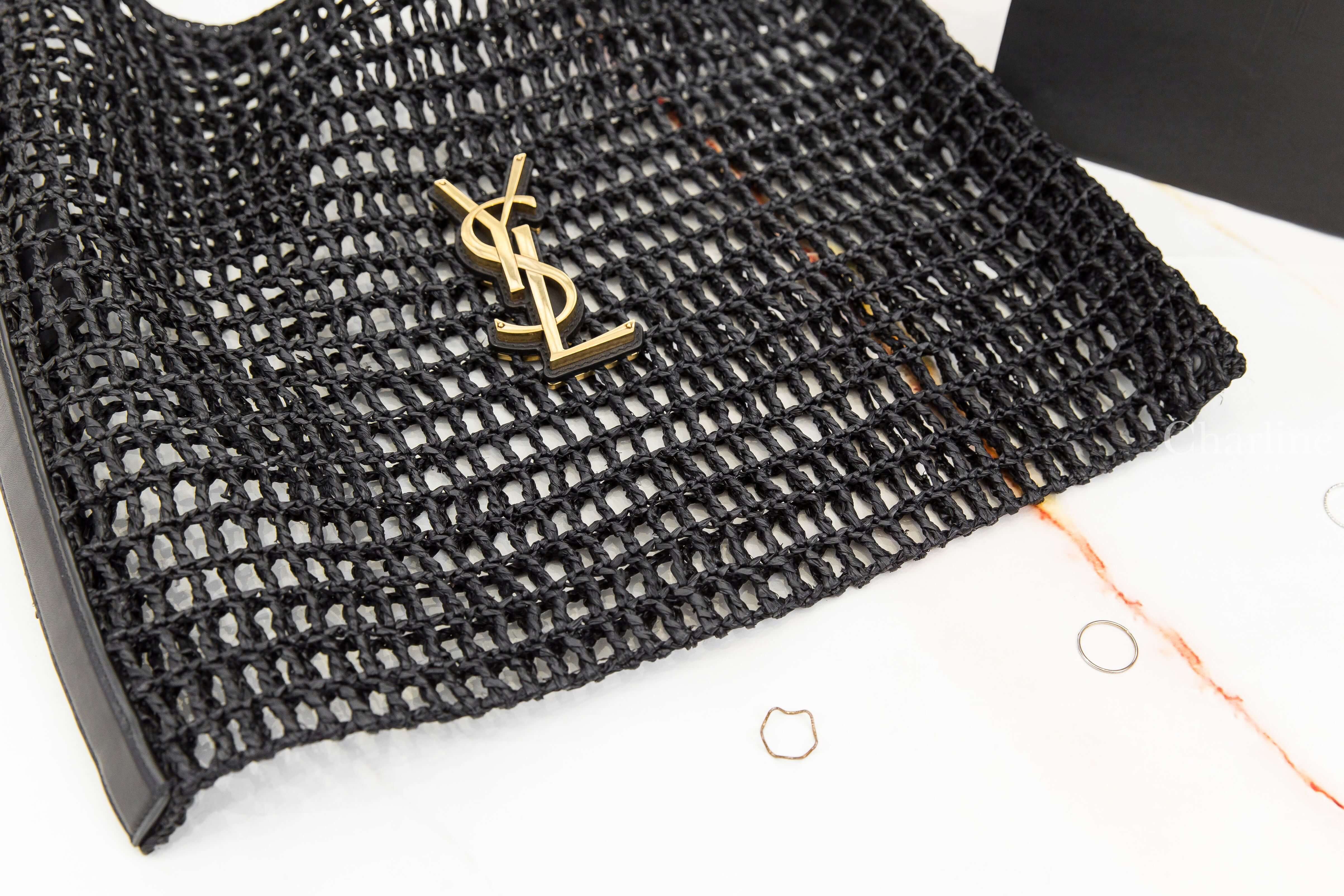 Saint Laurent Oxalis In Raffia 黑色編織金色金屬立體字母皮革背帶草編手提肩背包-Charline Boutique 精品代購