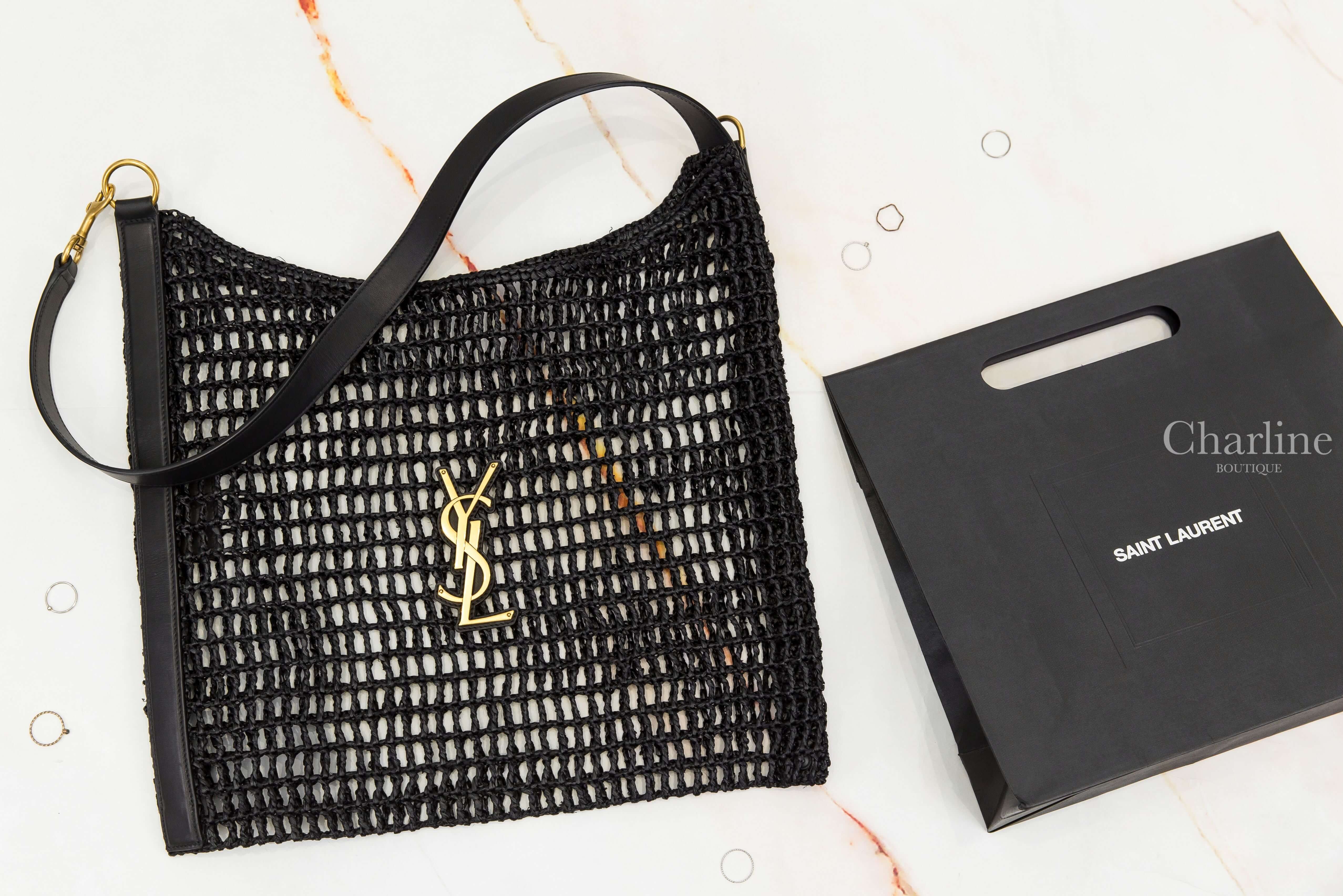 Saint Laurent Oxalis In Raffia 黑色編織金色金屬立體字母皮革背帶草編手提肩背包-Charline Boutique 精品代購