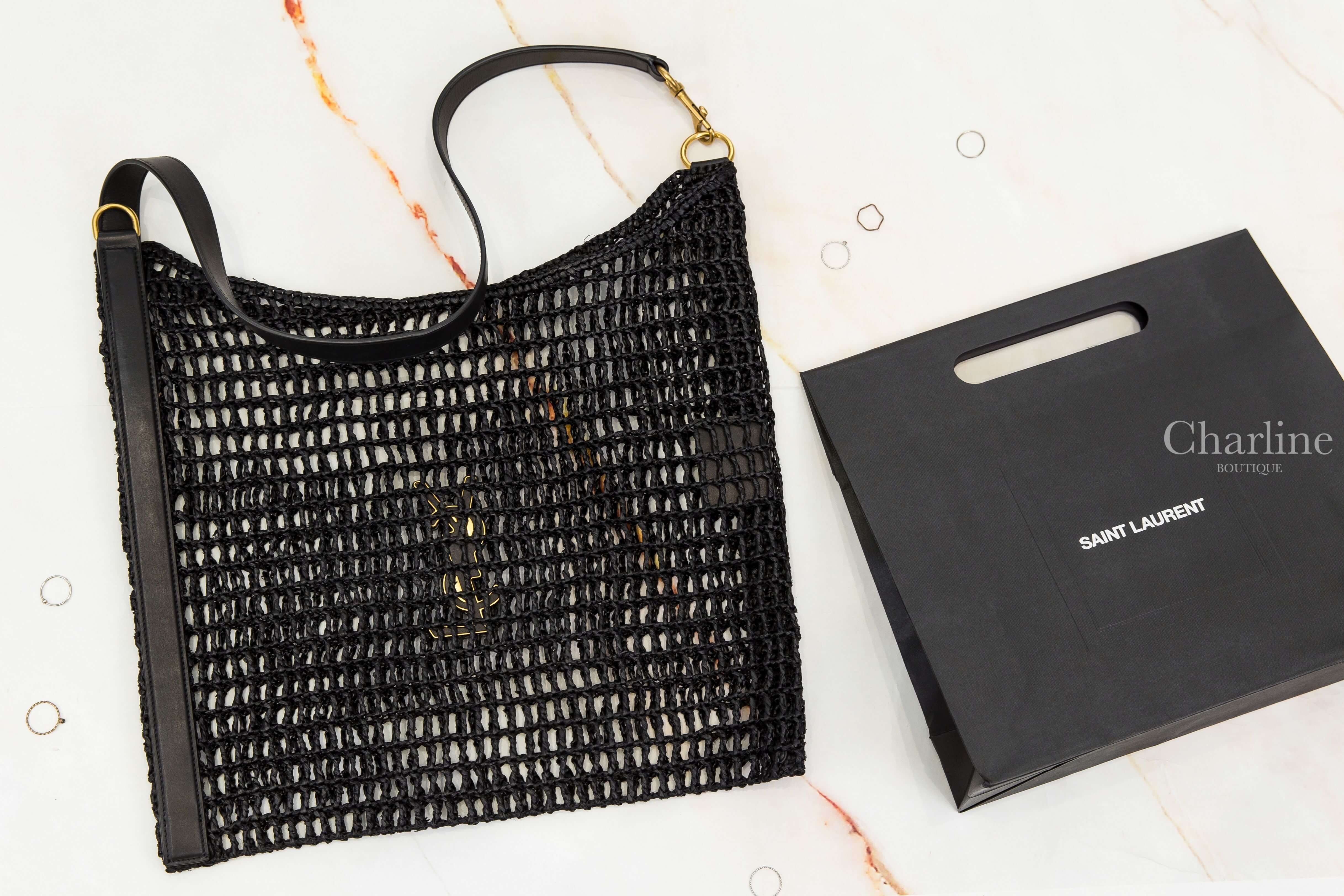 Saint Laurent Oxalis In Raffia 黑色編織金色金屬立體字母皮革背帶草編手提肩背包-Charline Boutique 精品代購