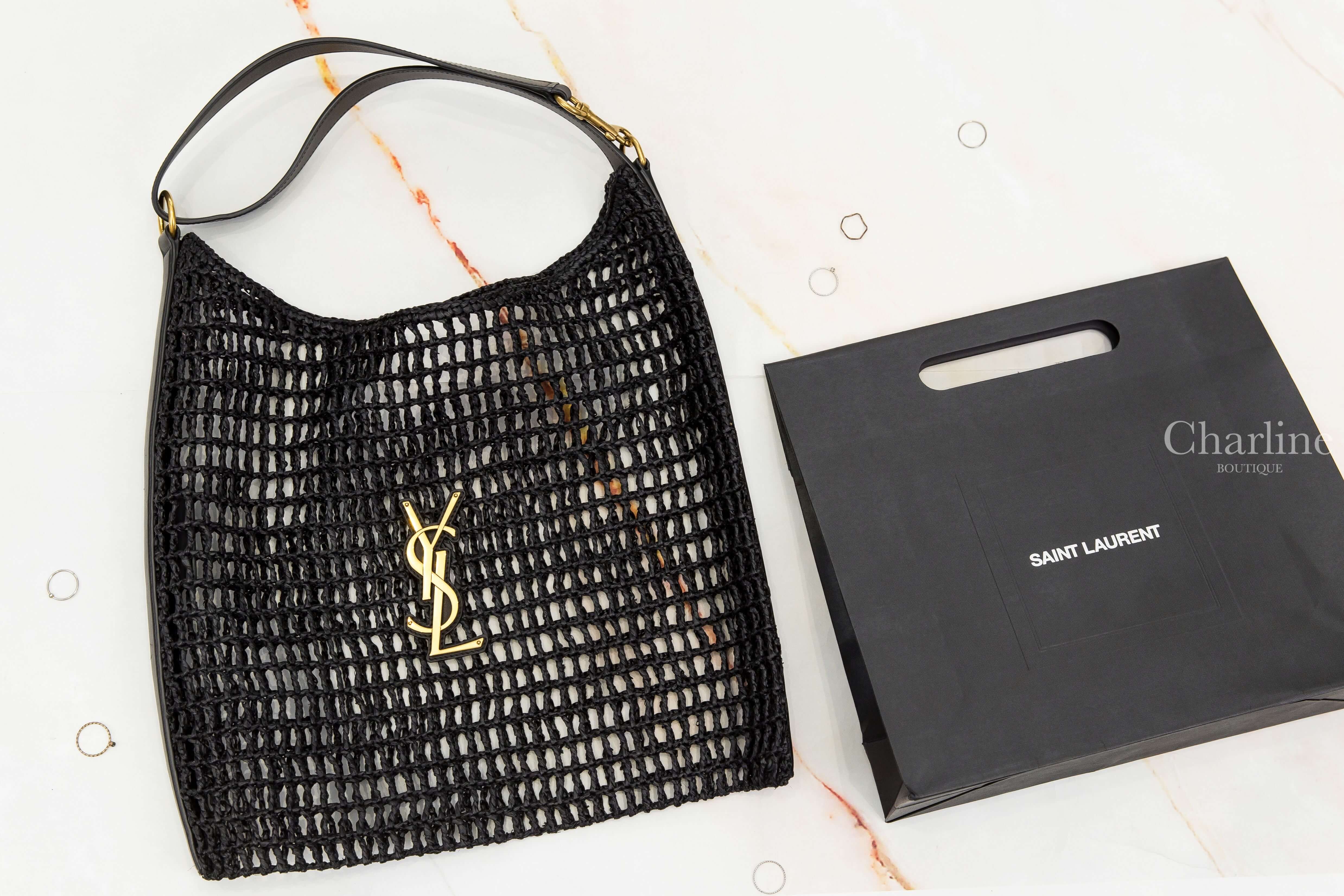 Saint Laurent Oxalis In Raffia 黑色編織金色金屬立體字母皮革背帶草編手提肩背包-Charline Boutique 精品代購