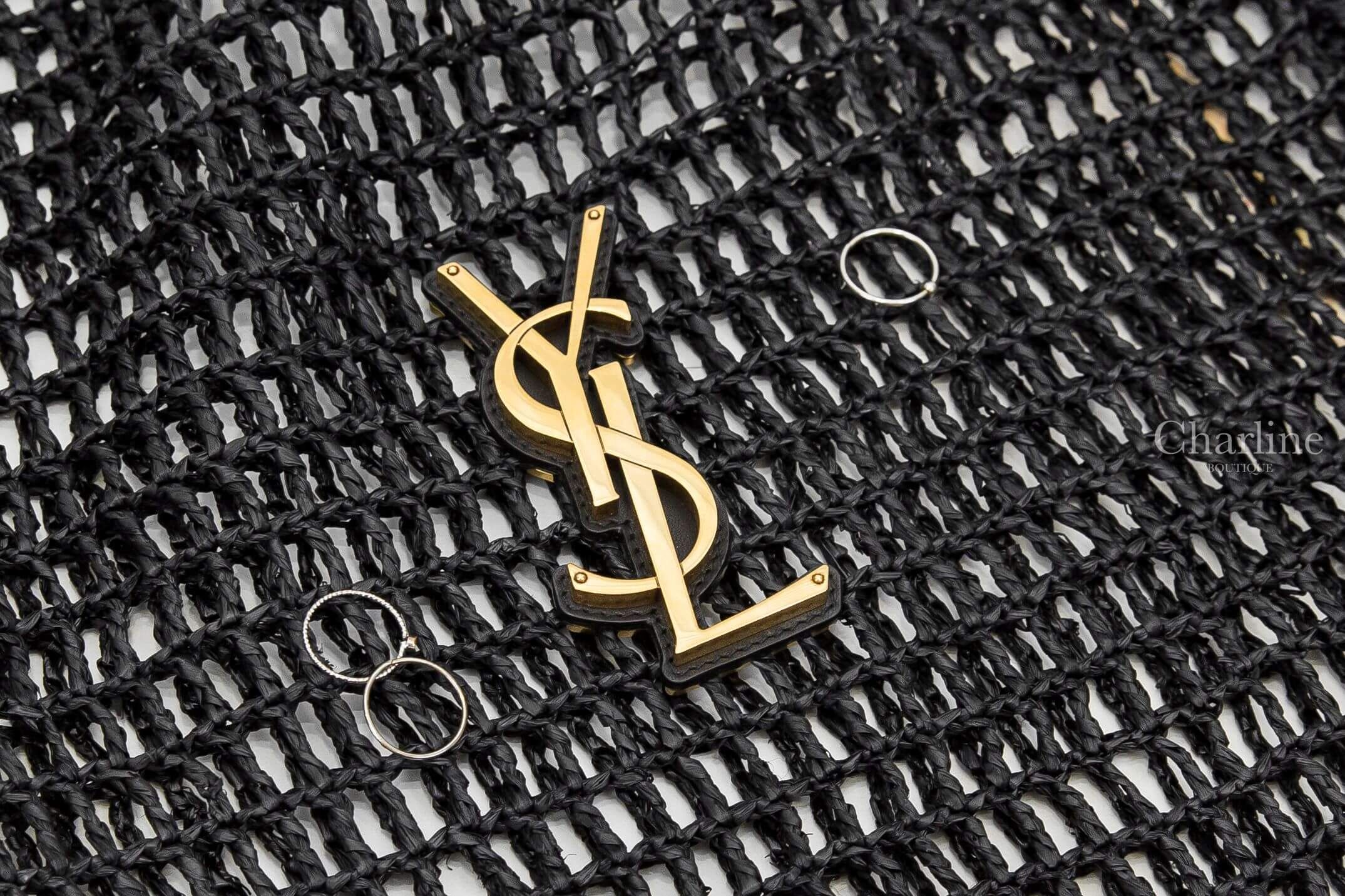 Saint Laurent Oxalis In Raffia 黑色編織金色金屬立體字母皮革背帶草編手提肩背包